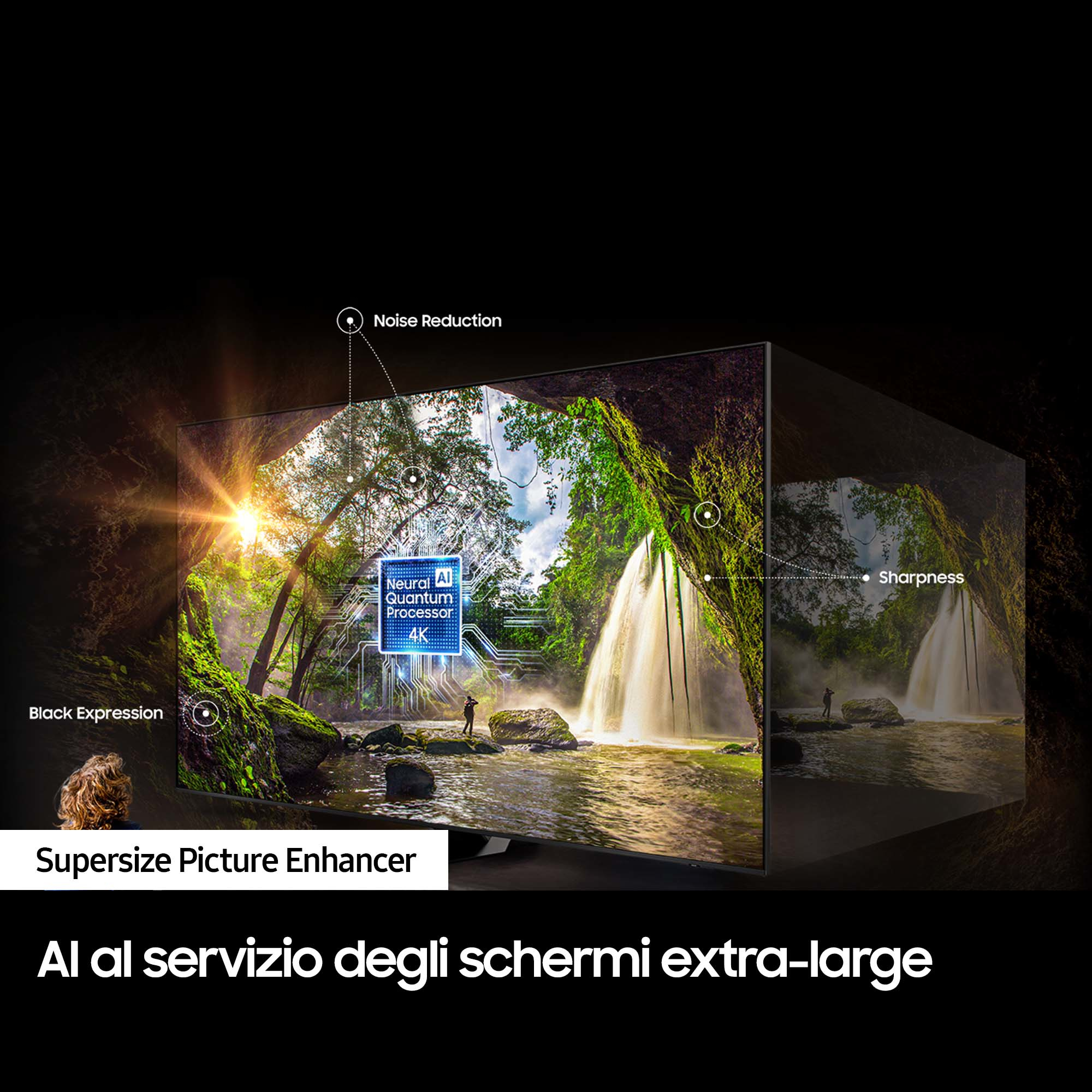 Uno schermo TV mostra un paesaggio con una cascata. Il testo indica la riduzione del rumore e la nitidezza.