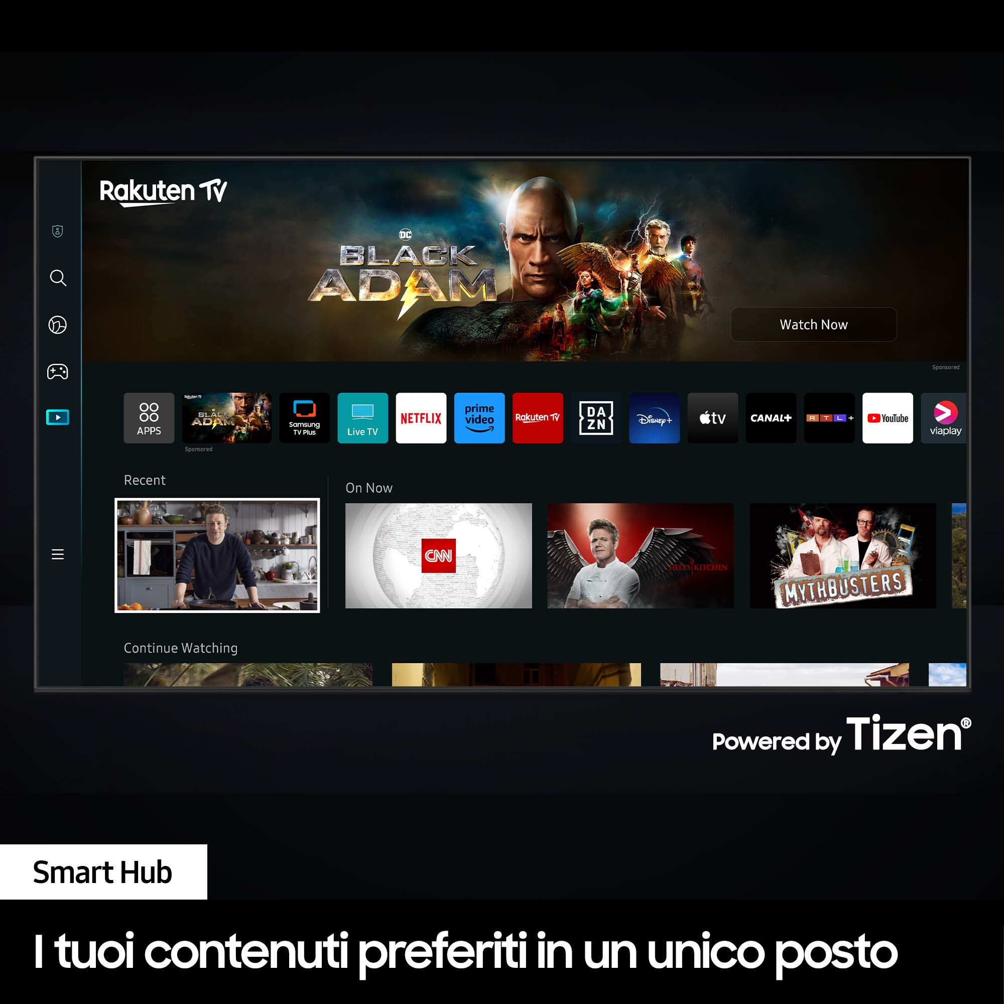 Uno schermo TV Samsung che mostra un'interfaccia dell'app. Lo schermo mostra miniature video e opzioni.