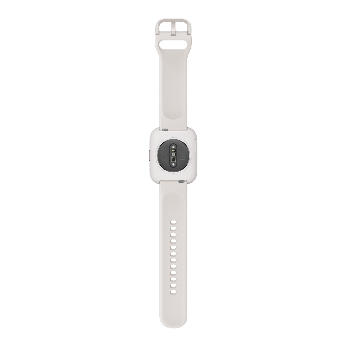 Rückseite einer weißen Smartwatch mit weißem Armband. Die Uhr hat Sensoren auf der Rückseite.