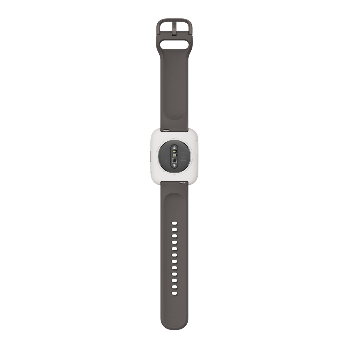 Smartwatch grigio, vista inferiore. Cinturino grigio, cassa bianca, sfondo nero.