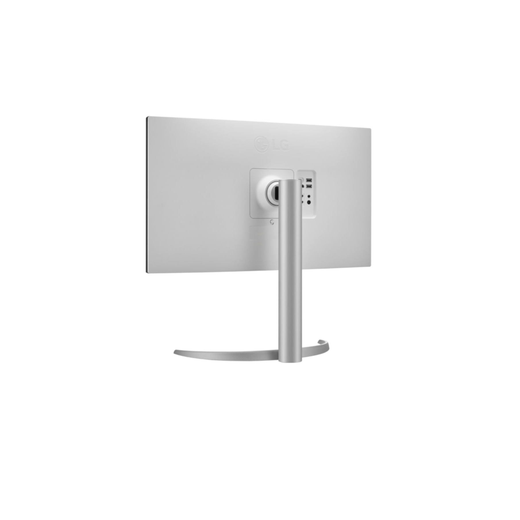 Back view of a silver computer monitor with a stand and ports, on a white background.