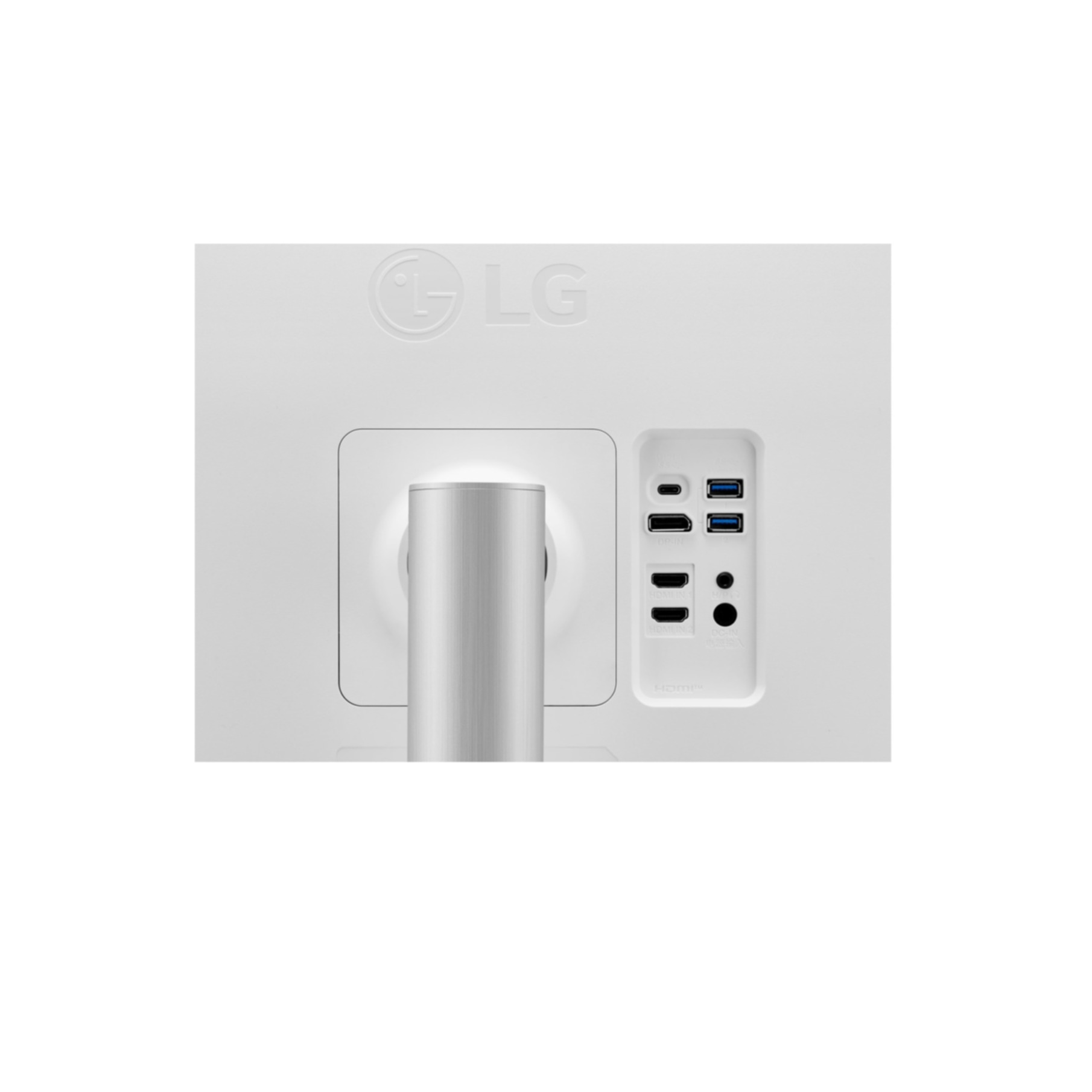 Back of a white LG monitor. Features a silver stand and ports for USB, HDMI, and power.