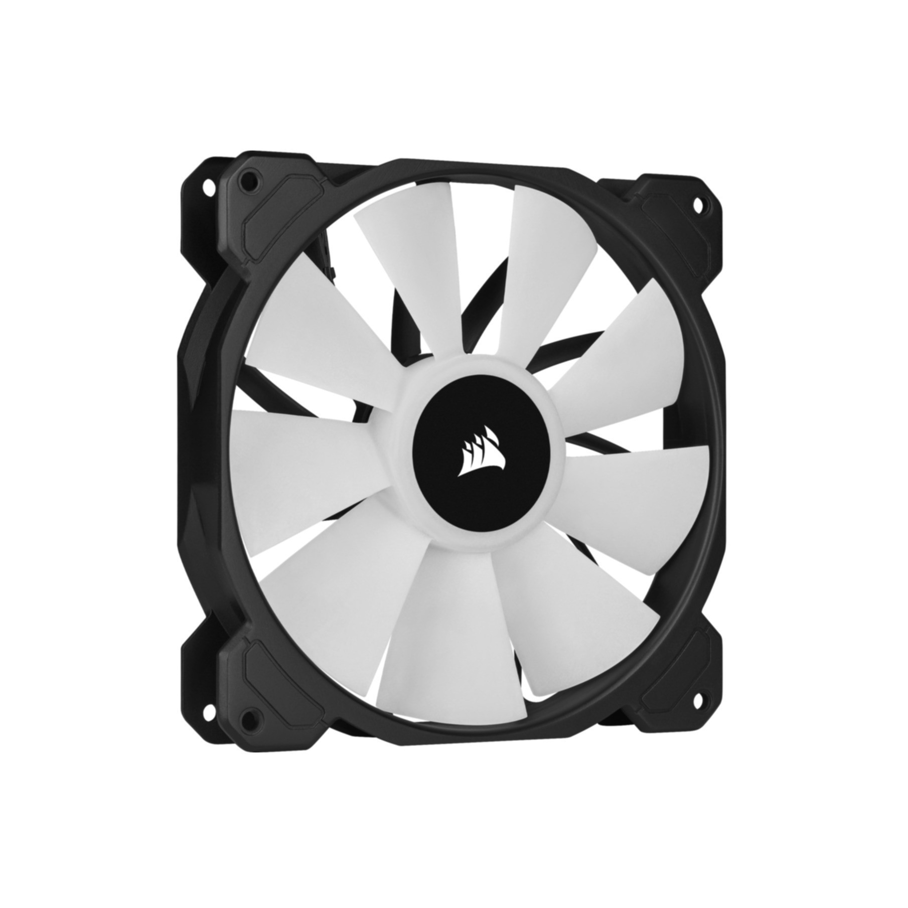 Una ventola per computer nera con pale bianche. La ventola ha una cornice nera e il logo del produttore al centro.