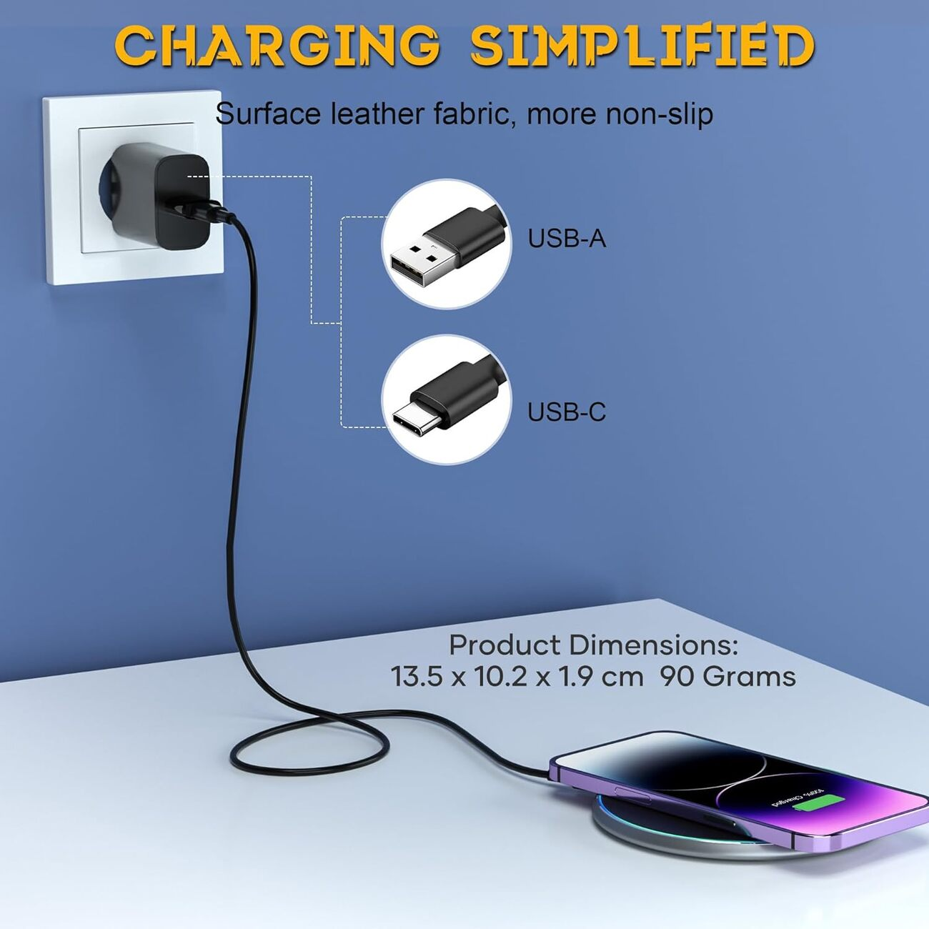 Almohadilla de carga inalámbrica cargando un teléfono. La almohadilla está conectada a una toma de corriente. Texto: Carga simplificada.