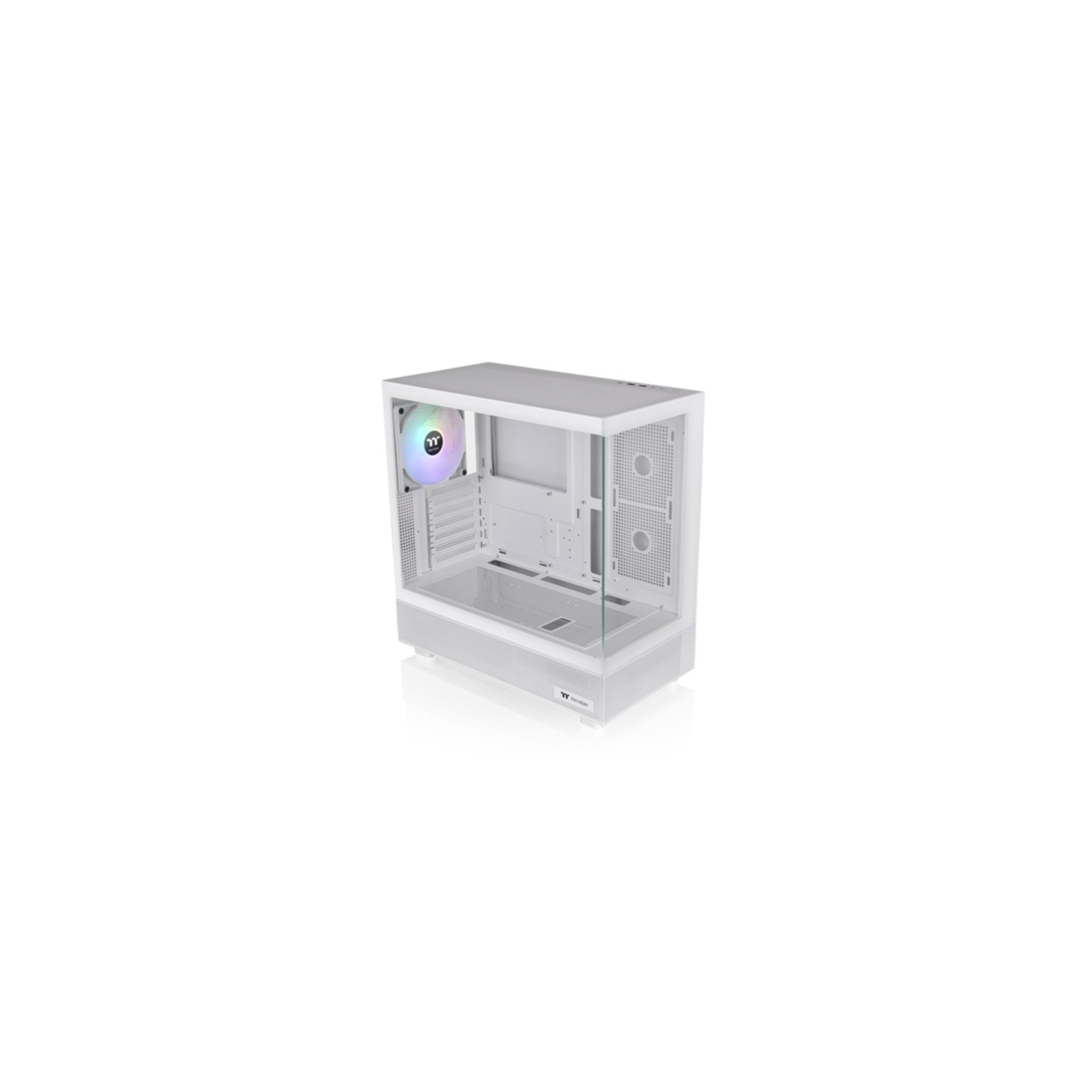 White computer case with glass side panel and a fan with RGB lights.  A modern, minimalist design.