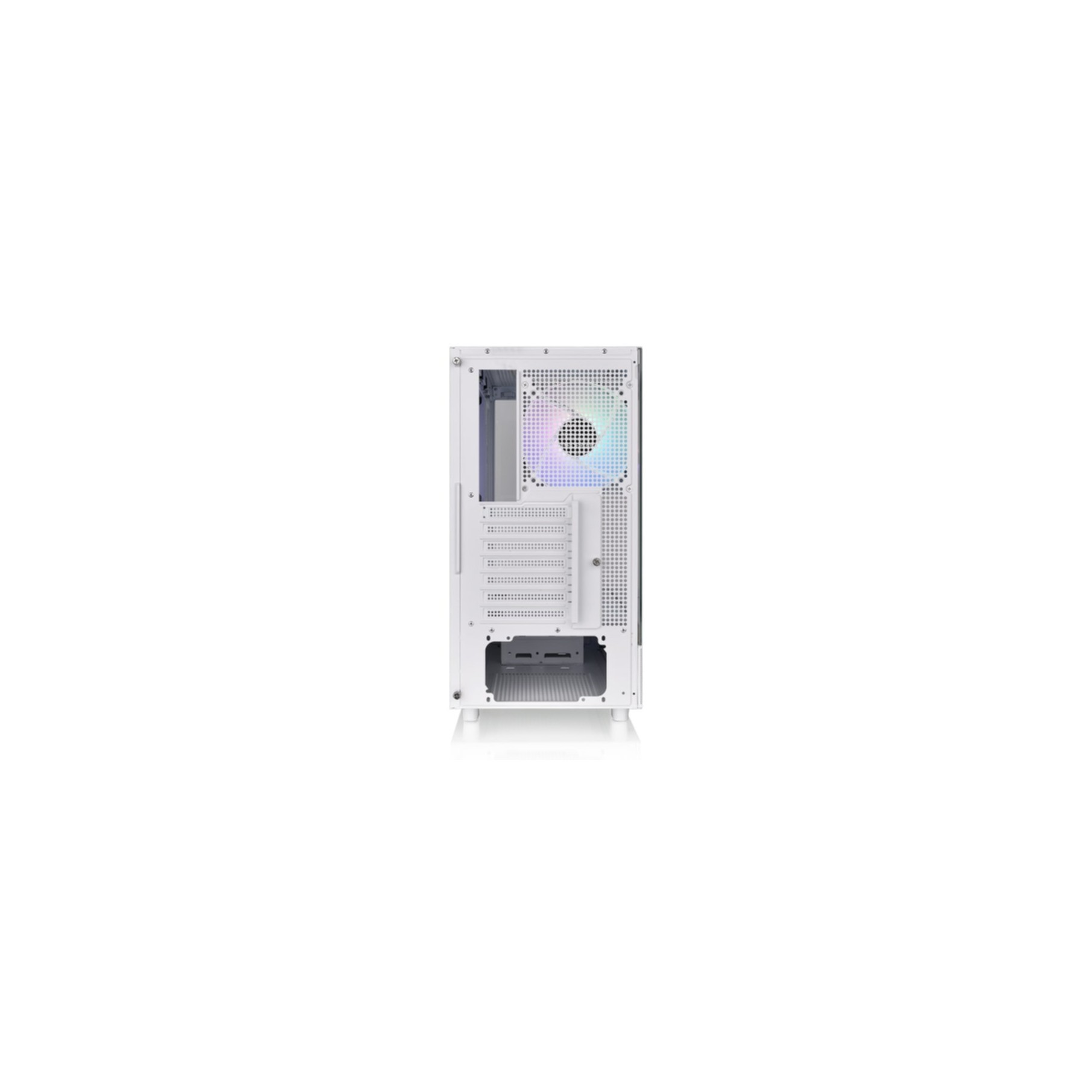 The back panel of a white computer case with fans and ports.