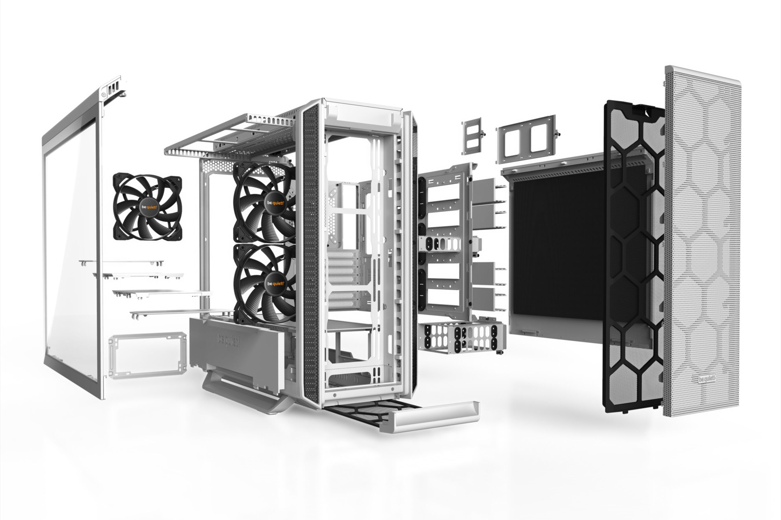 Widok rozstrzelony obudowy komputera z wentylatorami i komponentami.