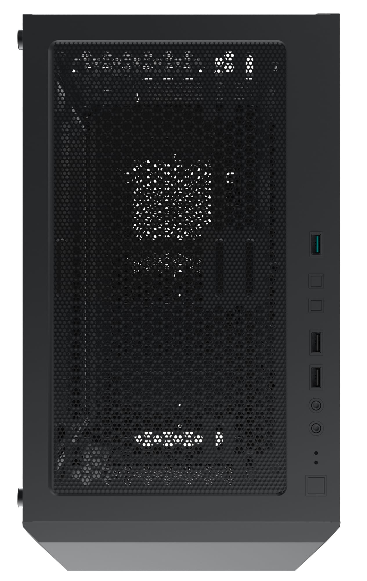 Black computer case with a mesh front panel and transparent side panel.