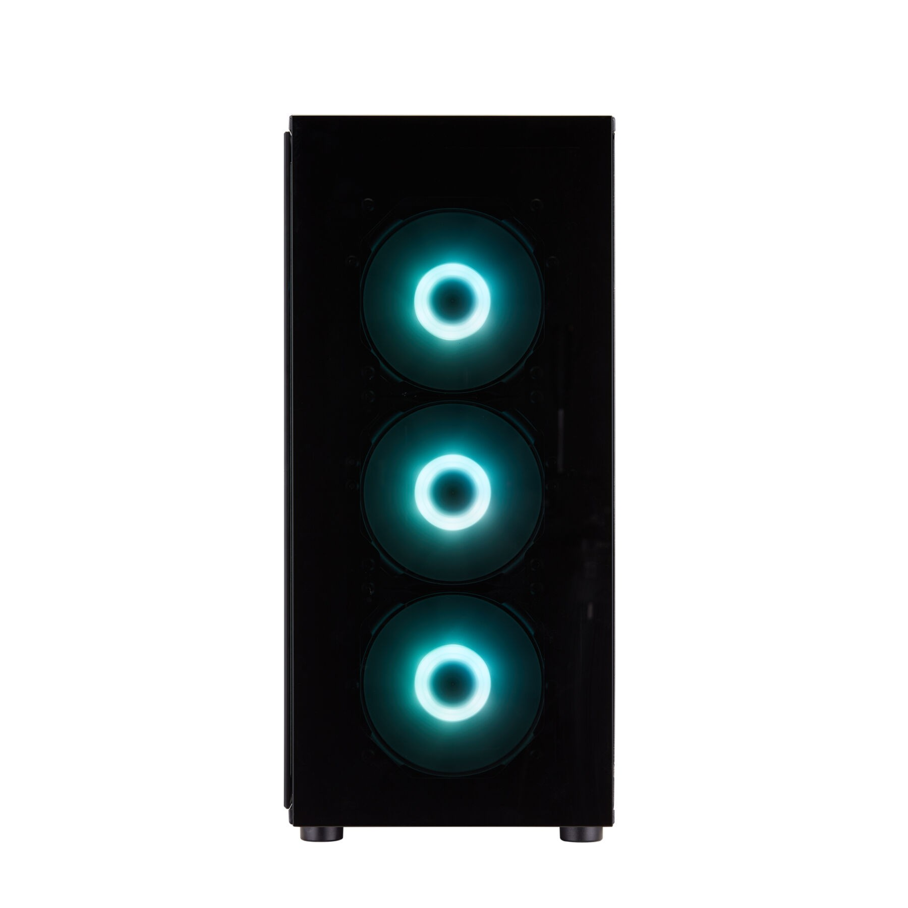 Parte anteriore del case nero con tre ventole blu illuminate.