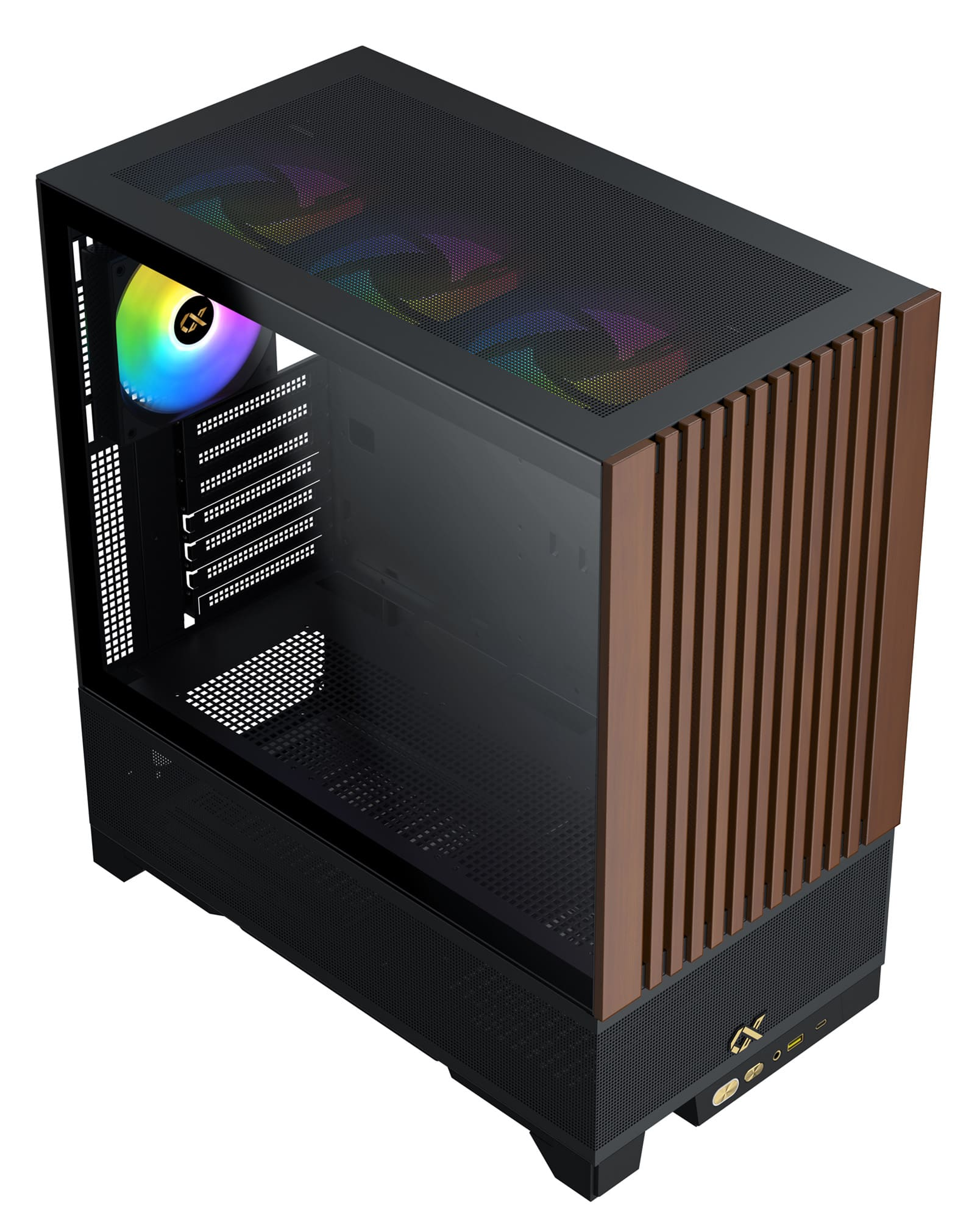 Case PC con pannelli in legno laterali, pannello in vetro e componenti interni.