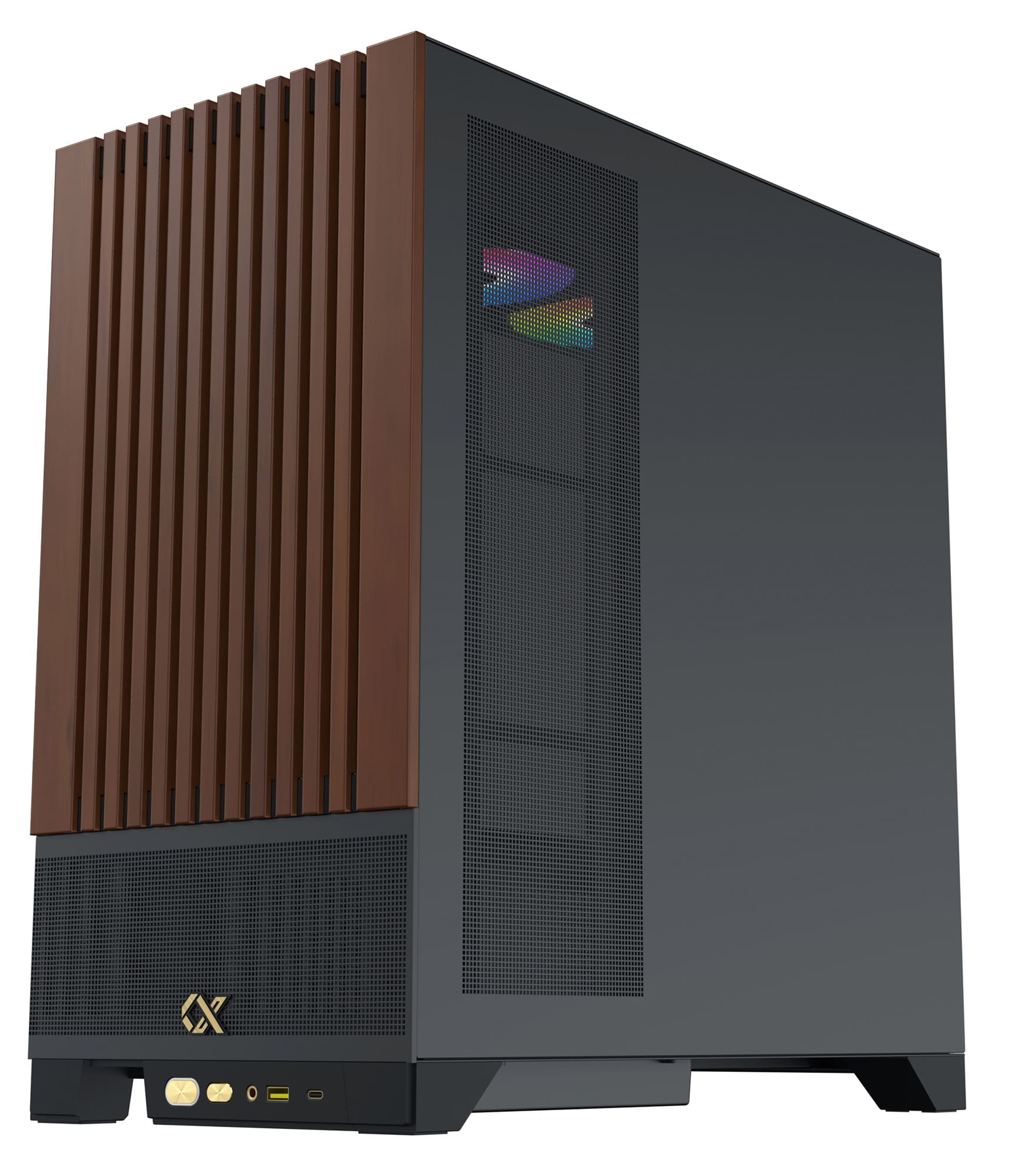 Case per computer nero e marrone con pannelli in legno. Un case per PC moderno ed elegante dal design unico.