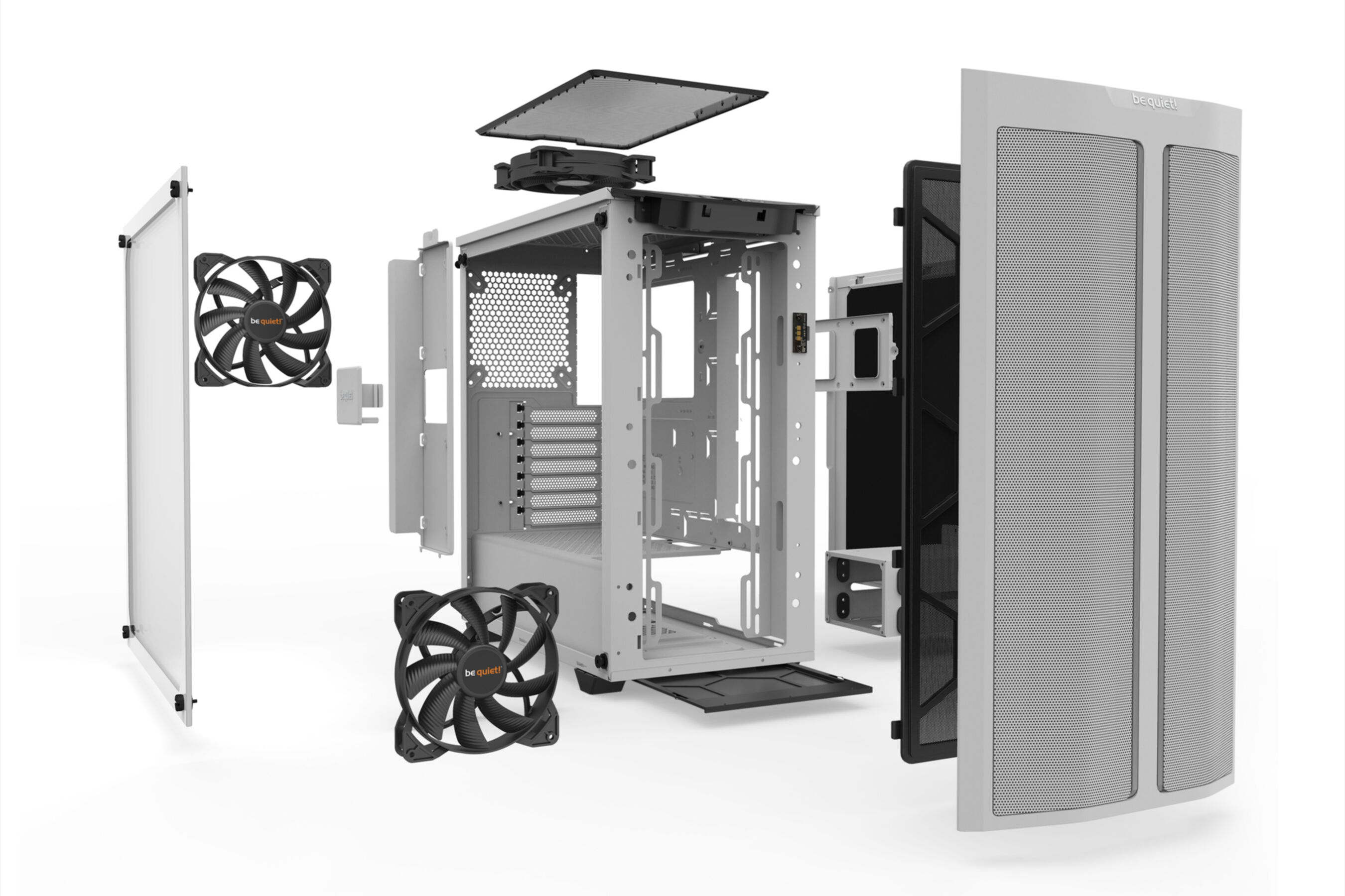 Widok rozstrzelony obudowy komputera pokazujący komponenty i części.