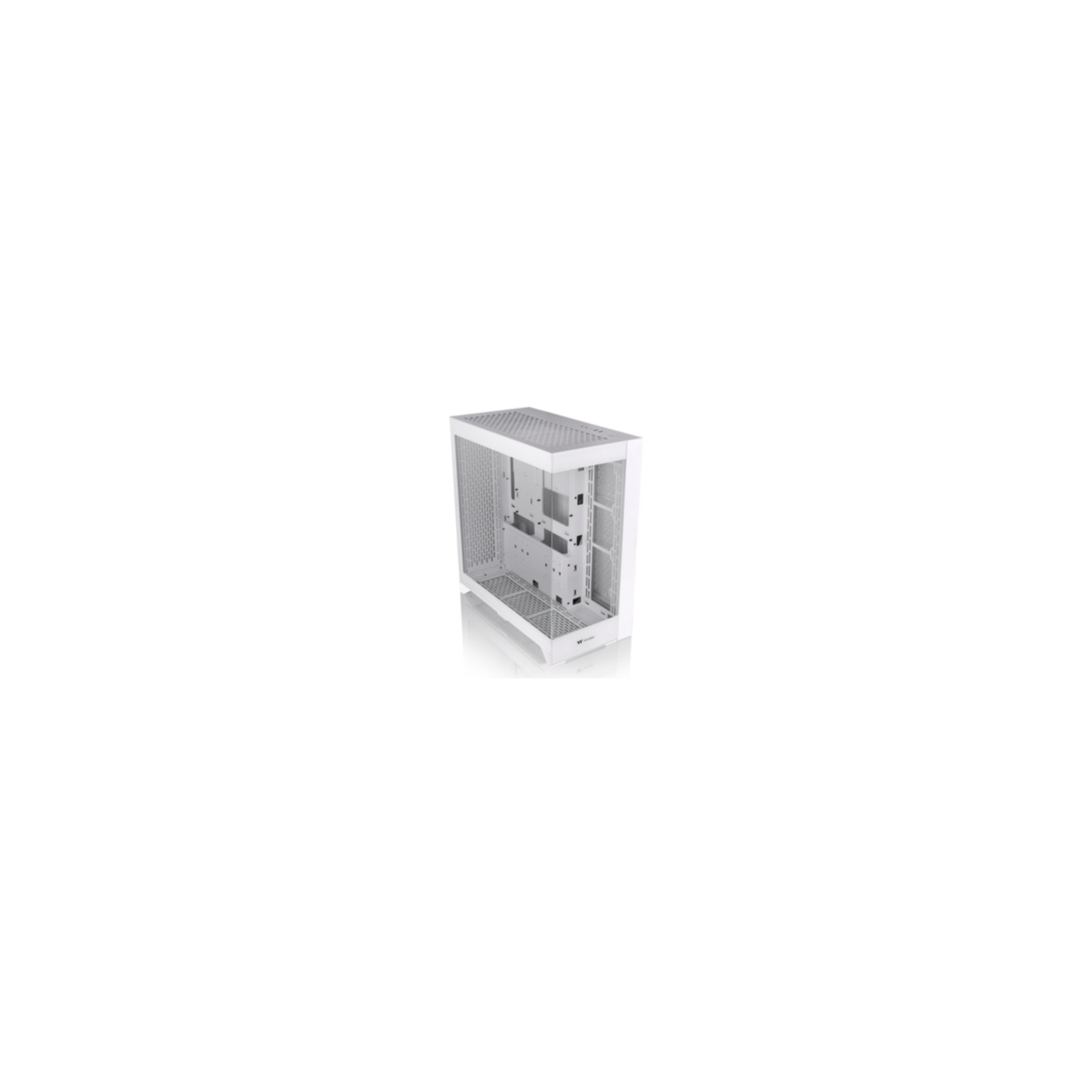 Case per computer bianco, aperto, con componenti interni visibili, isolato su bianco.