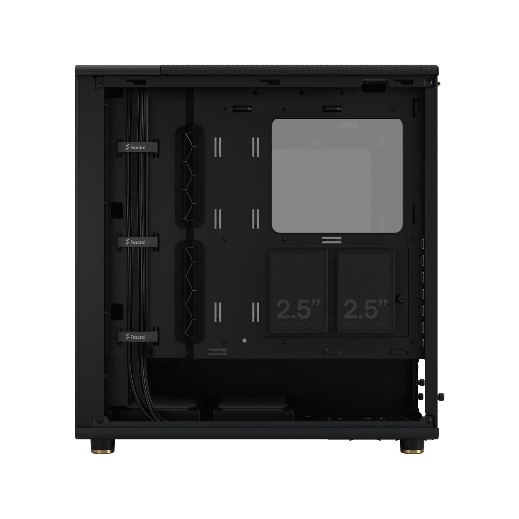 Zwart computerkastinterieur met componenten. Kabels en een glazen zijpaneel zichtbaar.