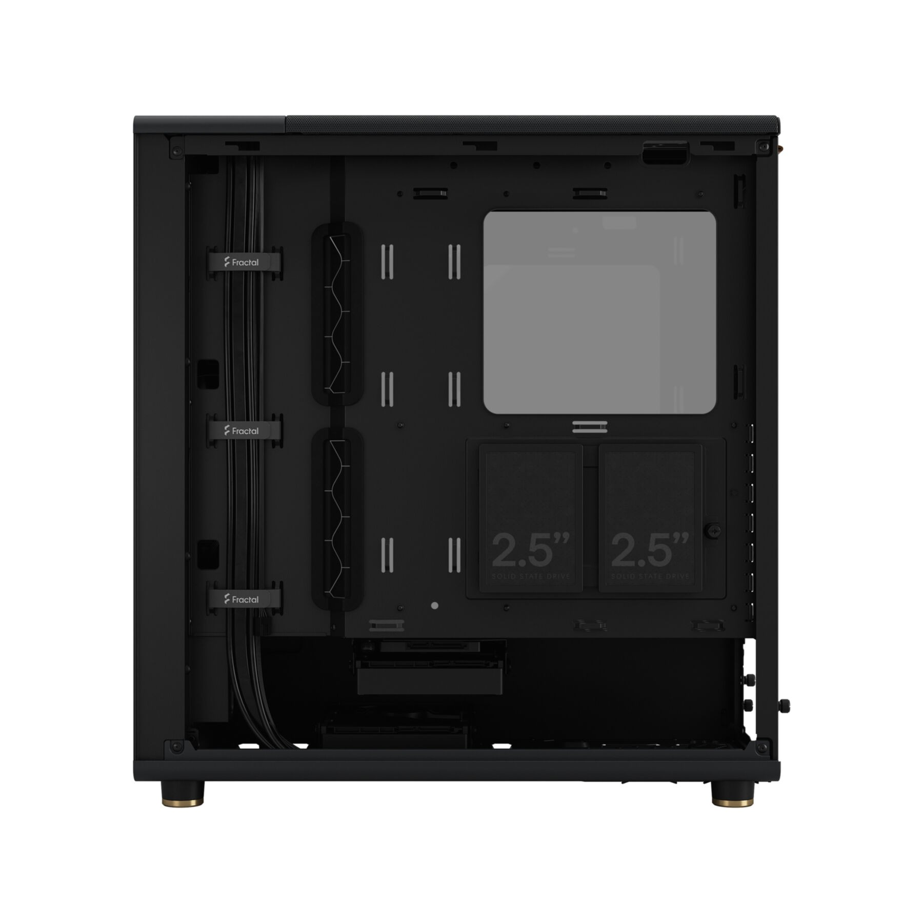 Binnenaanzicht van een zwarte computerkast. Het beschikt over meerdere sleuven voor componenten en kabelbeheer.