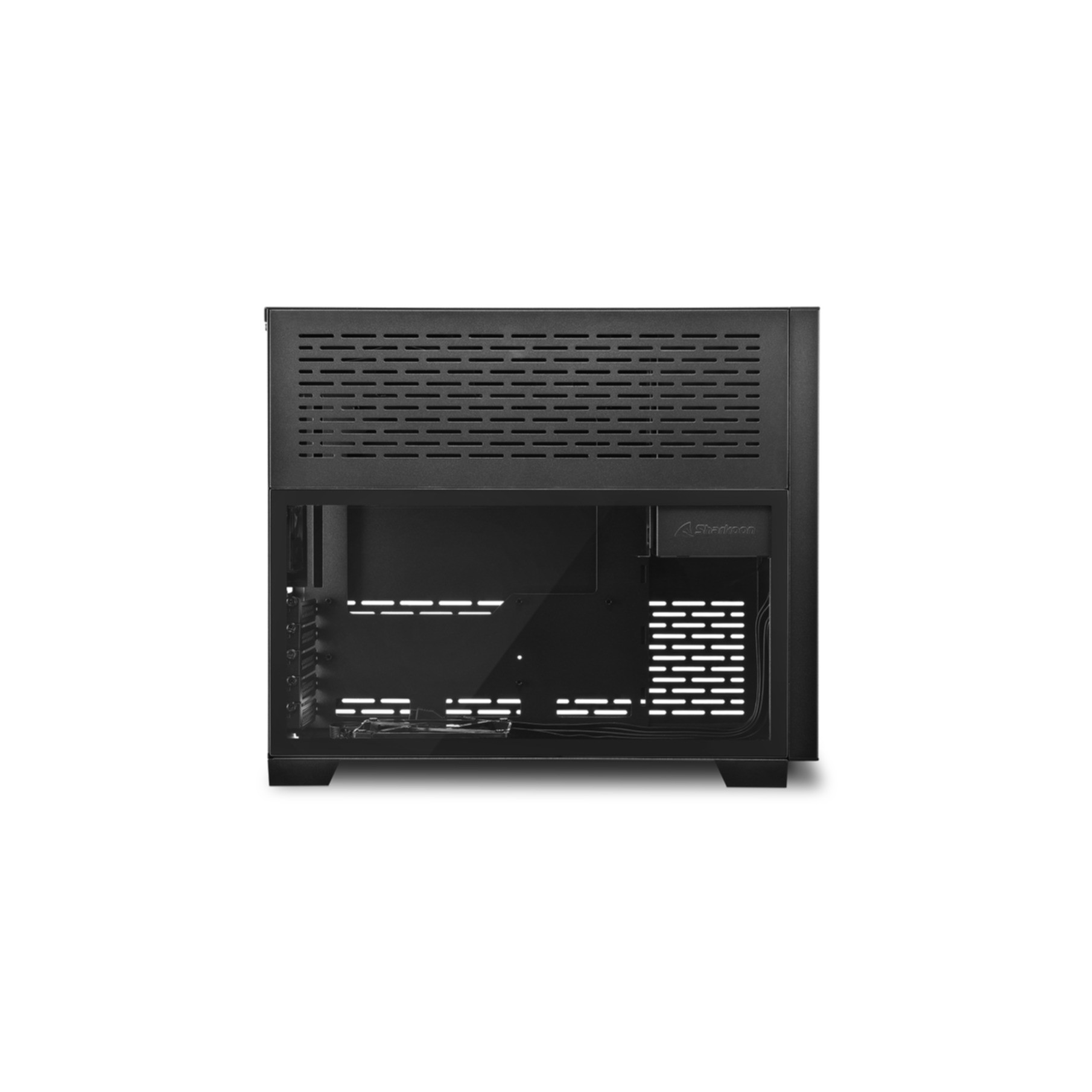 Case per computer nero. Ha una forma rettangolare con fori di ventilazione. Sembra vuoto.