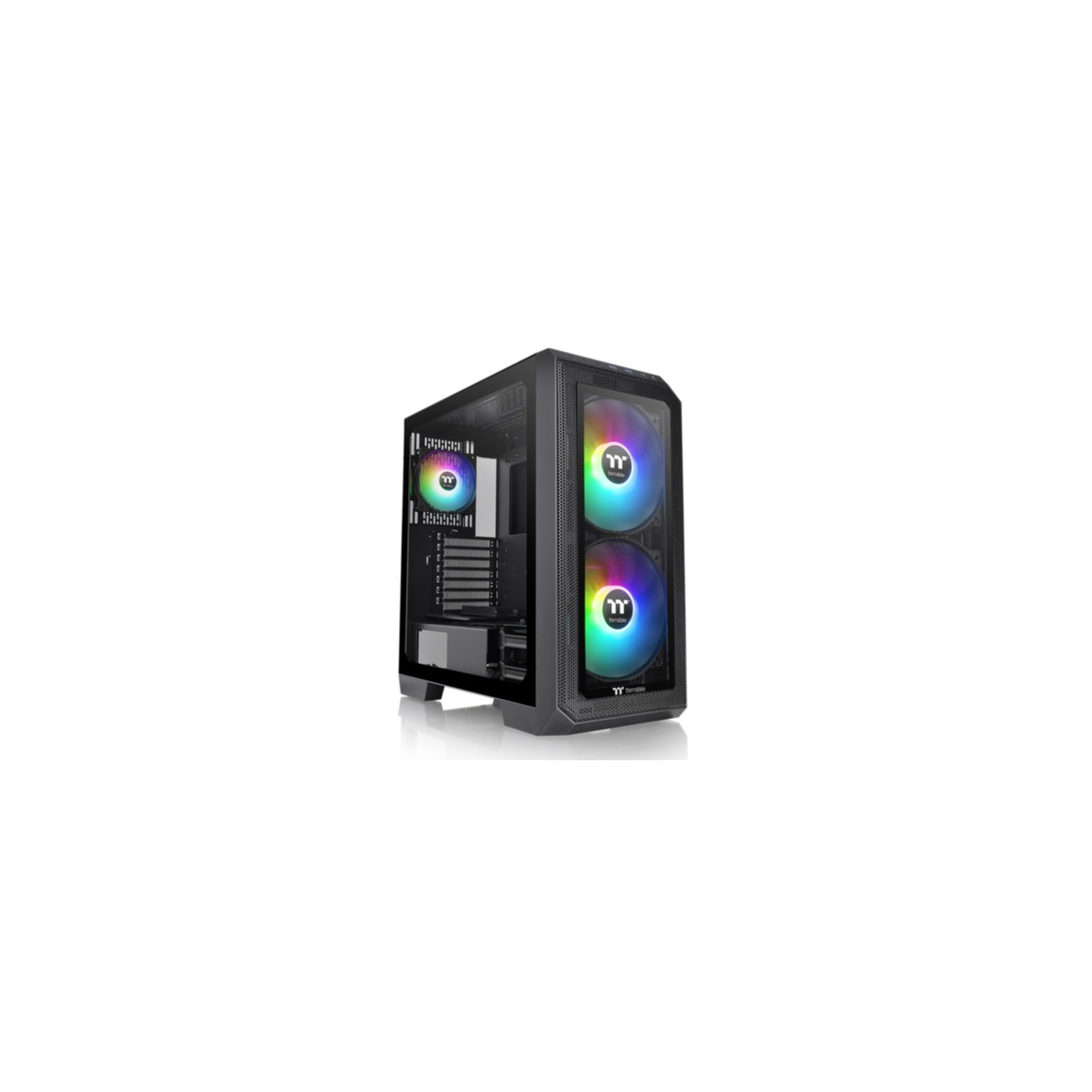 Black computer case with two fans with RGB lighting. It has a mesh front and a glass side panel.