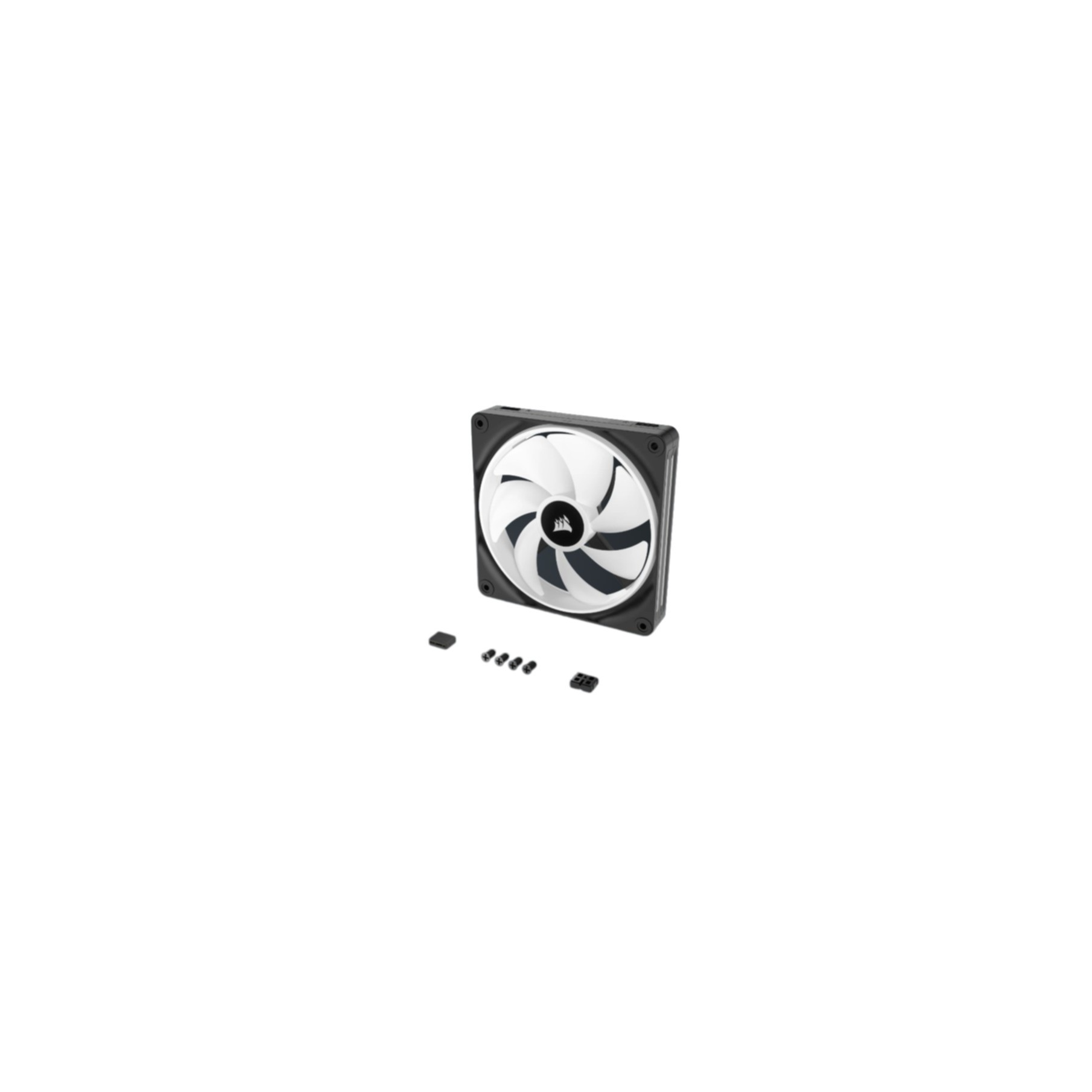 Ventilateur d'ordinateur avec cadre noir, pales blanches et logo, avec vis de montage sur fond blanc.