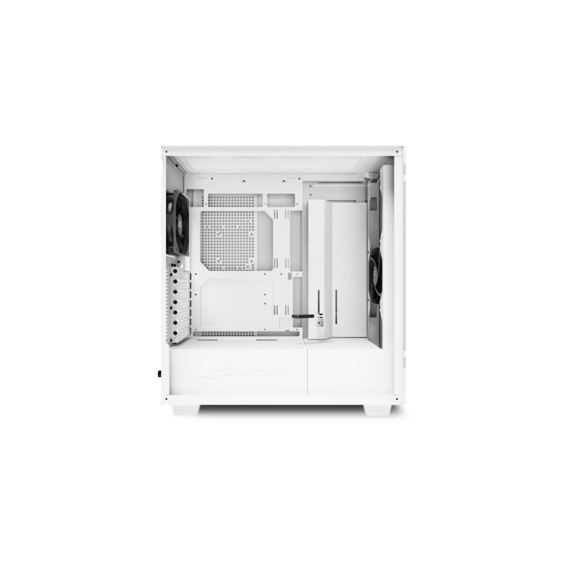 Wnętrze białej obudowy komputera. Z wentylatorami, gniazdami i logo Sharkoon.