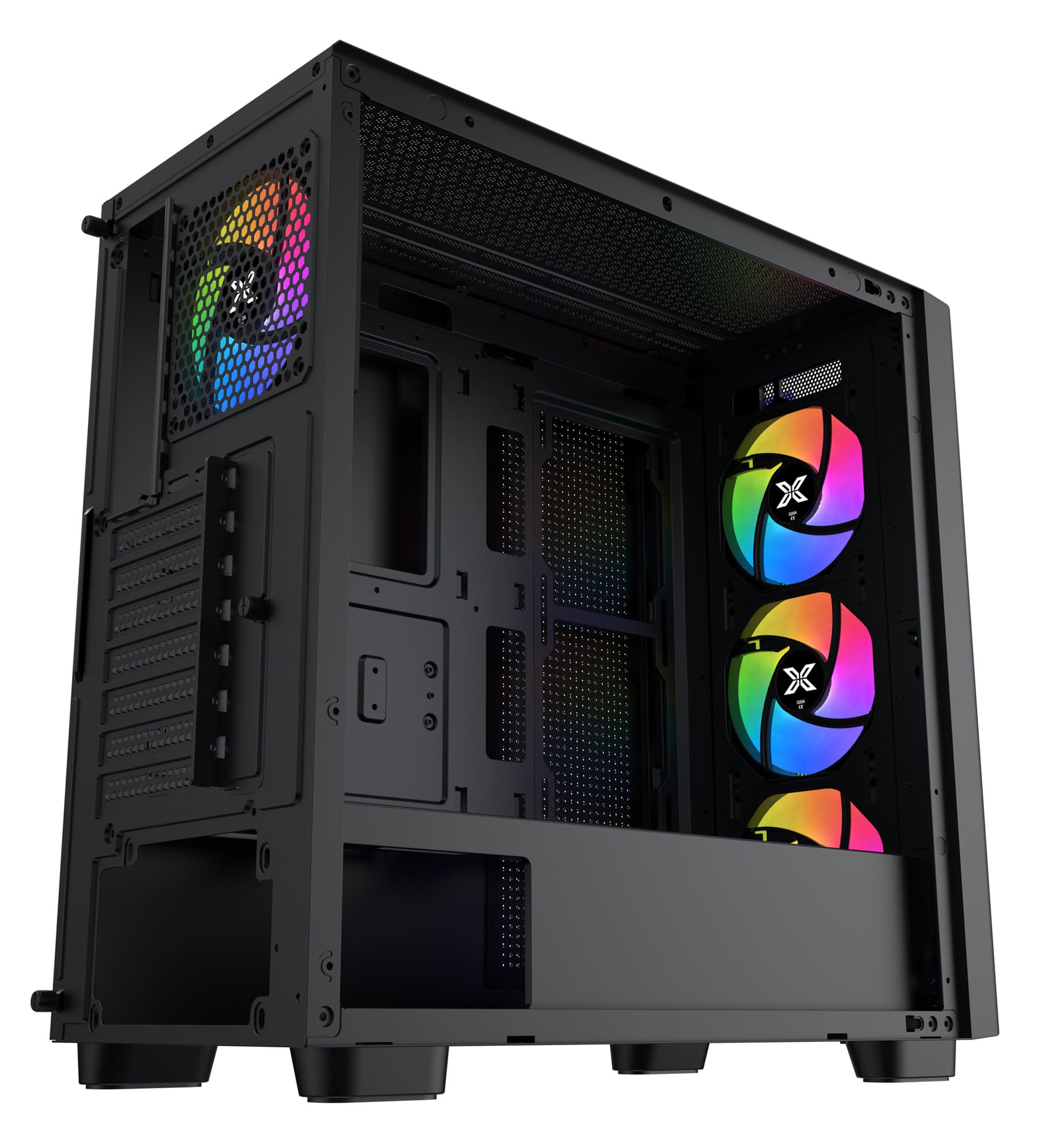 Schwarzes Computergehäuse mit offener Seite. Mit Regenbogen-Ventilatorlichtern und internen Komponenten.