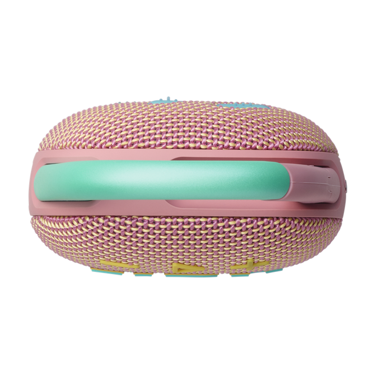 Różowo-żółty głośnik z miętowym uchwytem. Głośnik jest okrągły i ma siatkową teksturę.