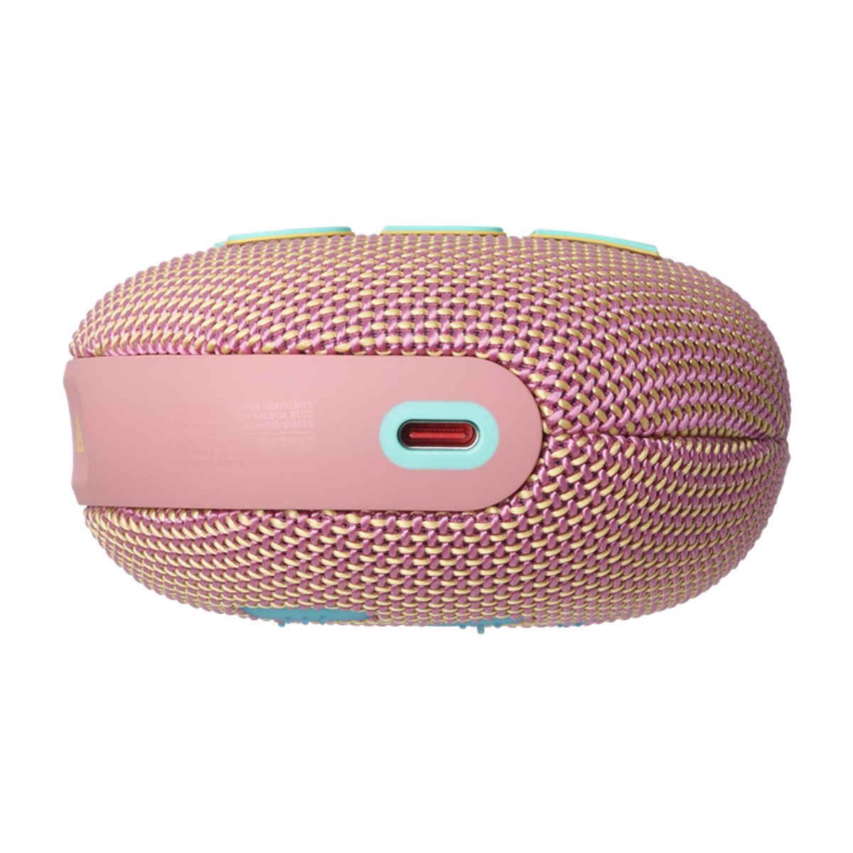 Różowo-żółty głośnik z różowym bokiem i portem USB-C.