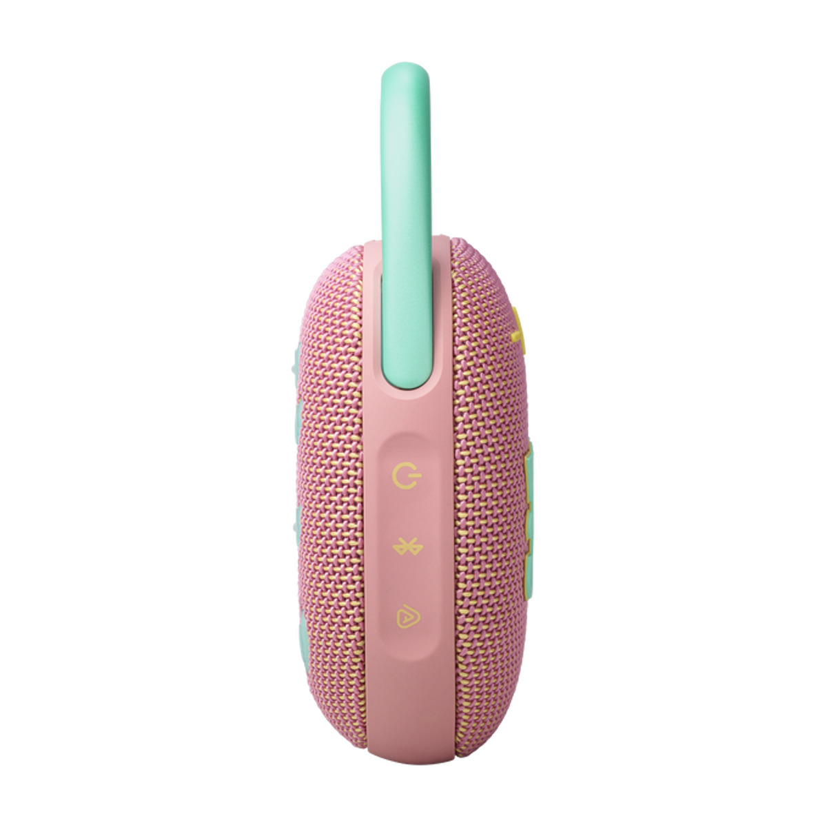 Różowy i morski głośnik, widok z boku. Ma przyciski i uchwyt pętlowy do przenoszenia.