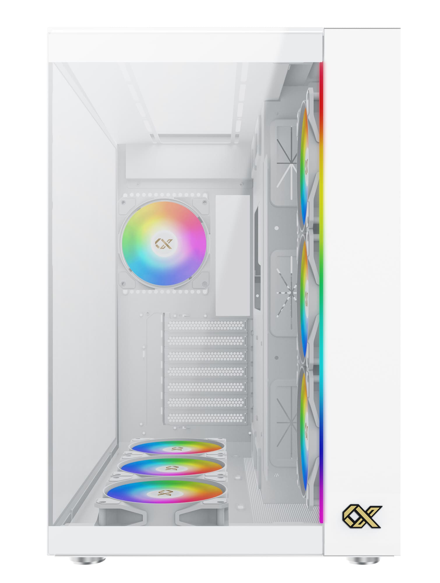 Weißes Computergehäuse mit Glas-Seitenwand und RGB-Lüftern. Ein sauberes, modernes PC-Gehäusedesign mit Innenbeleuchtung.