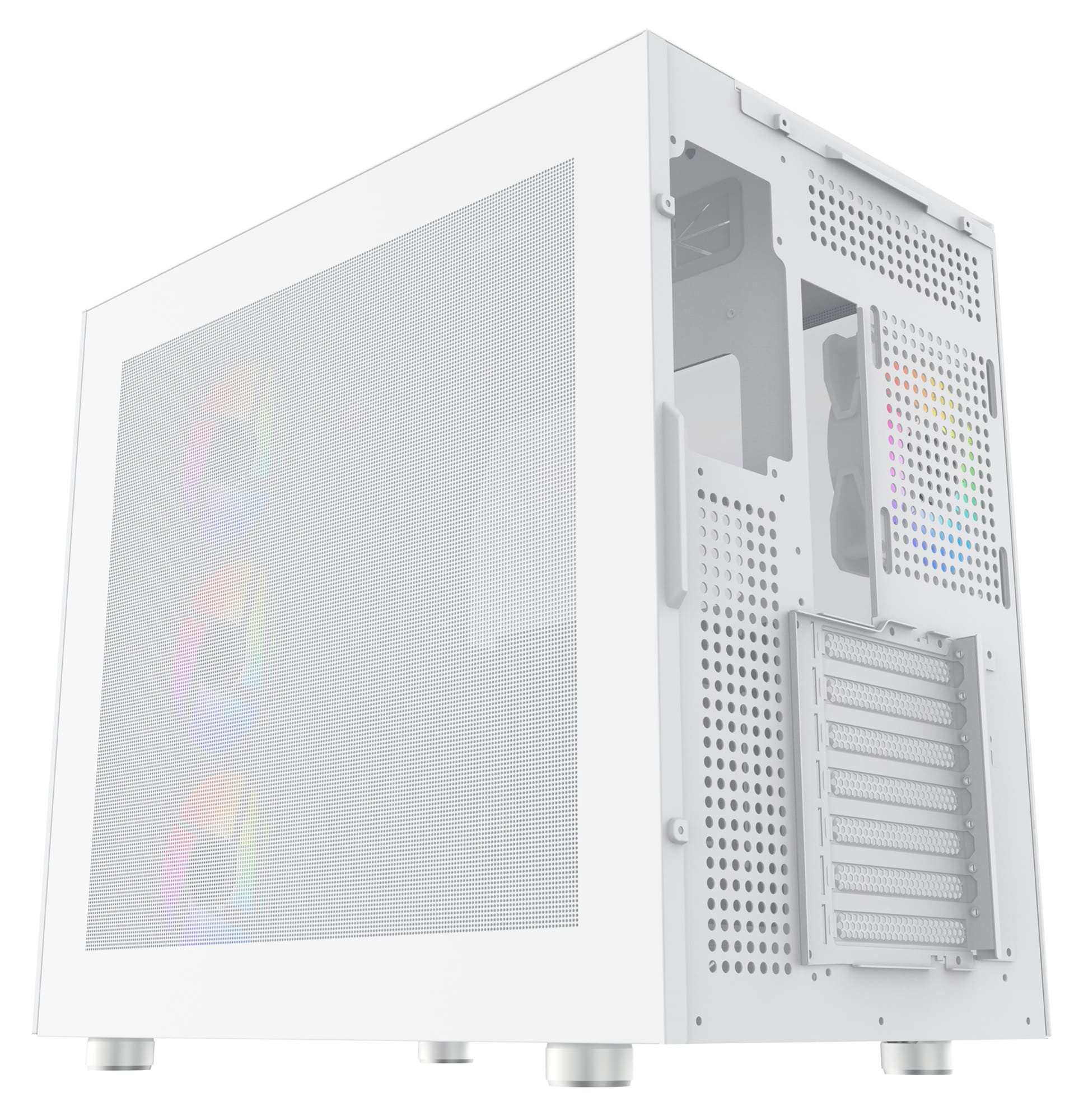 Weißes Computergehäuse mit Mesh-Frontplatte und transparentem Seitenteil.