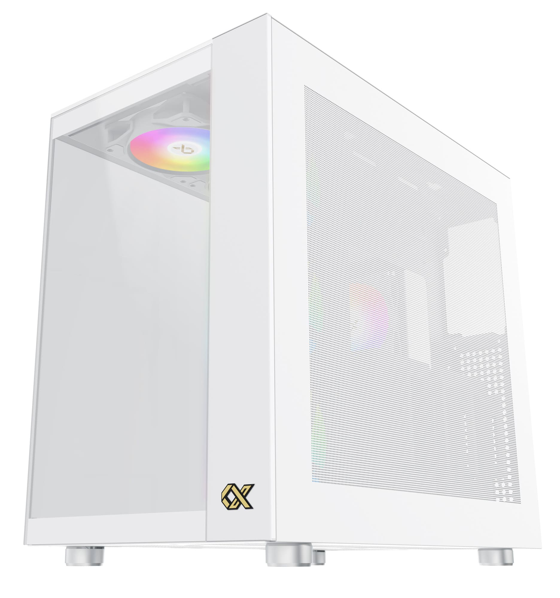 Weißes Computergehäuse, Seitenansicht mit transparentem Glaspanel und Mesh-Front für Luftzirkulation.