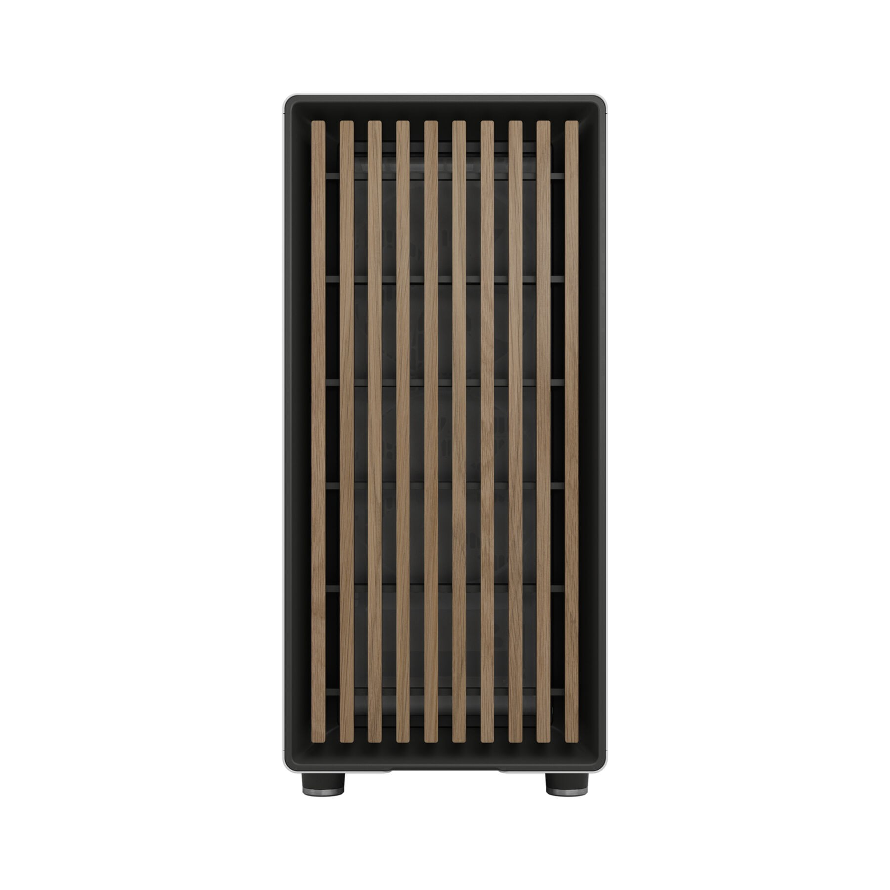 A black cabinet with vertical wooden slats on the front and a small base.
