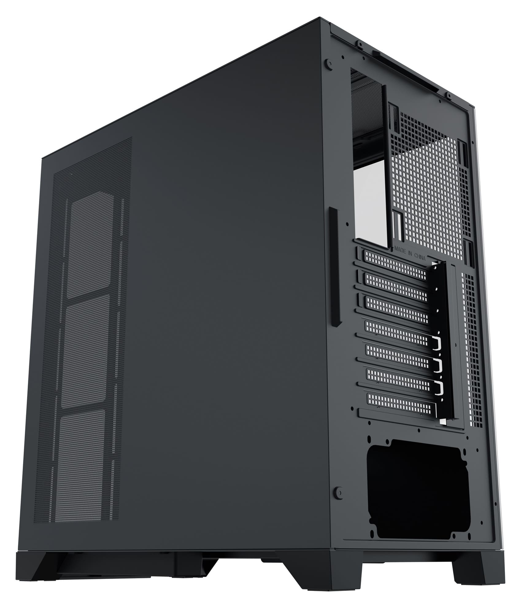Schwarzes Computergehäuse, Seitenansicht, mit Mesh und offenen Bereichen. Schräge Perspektive.