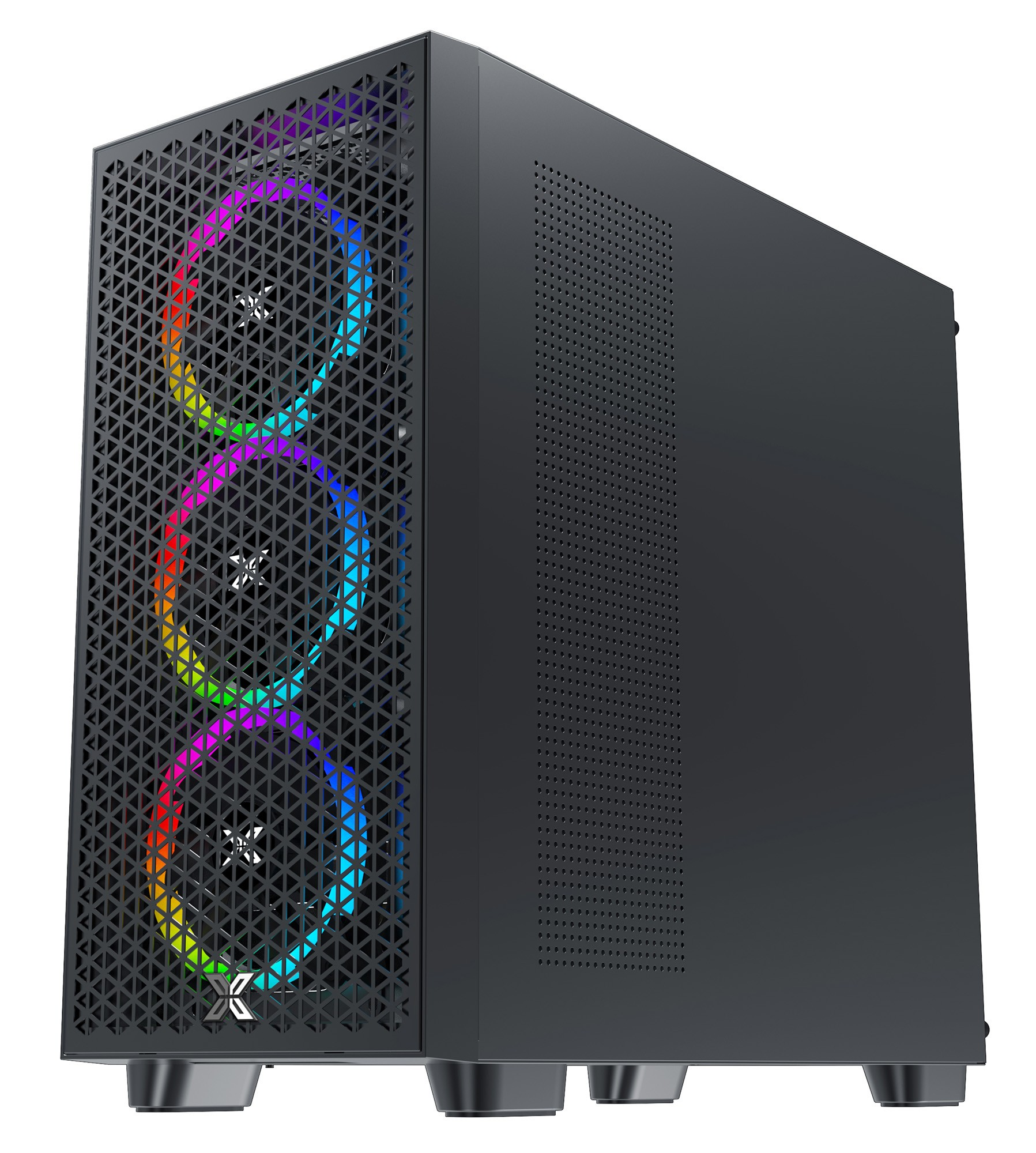 Schwarzes PC-Gehäuse mit einem Mesh-Front und regenbogenfarbenen Lichtern.