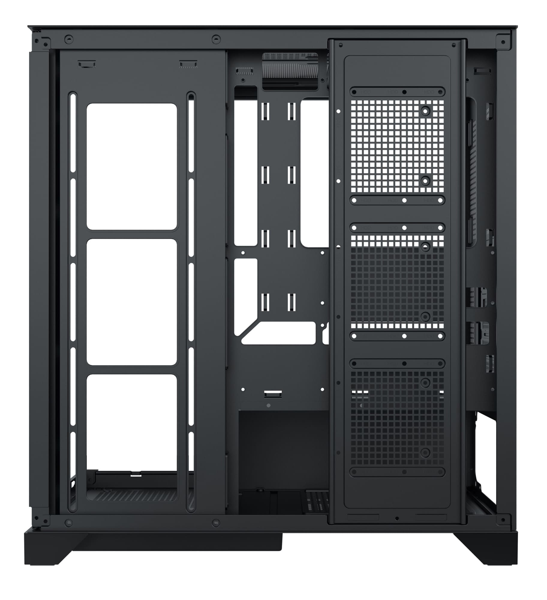 Offenes schwarzes Computergehäuse. Verschiedene Befestigungspunkte und Abschnitte.