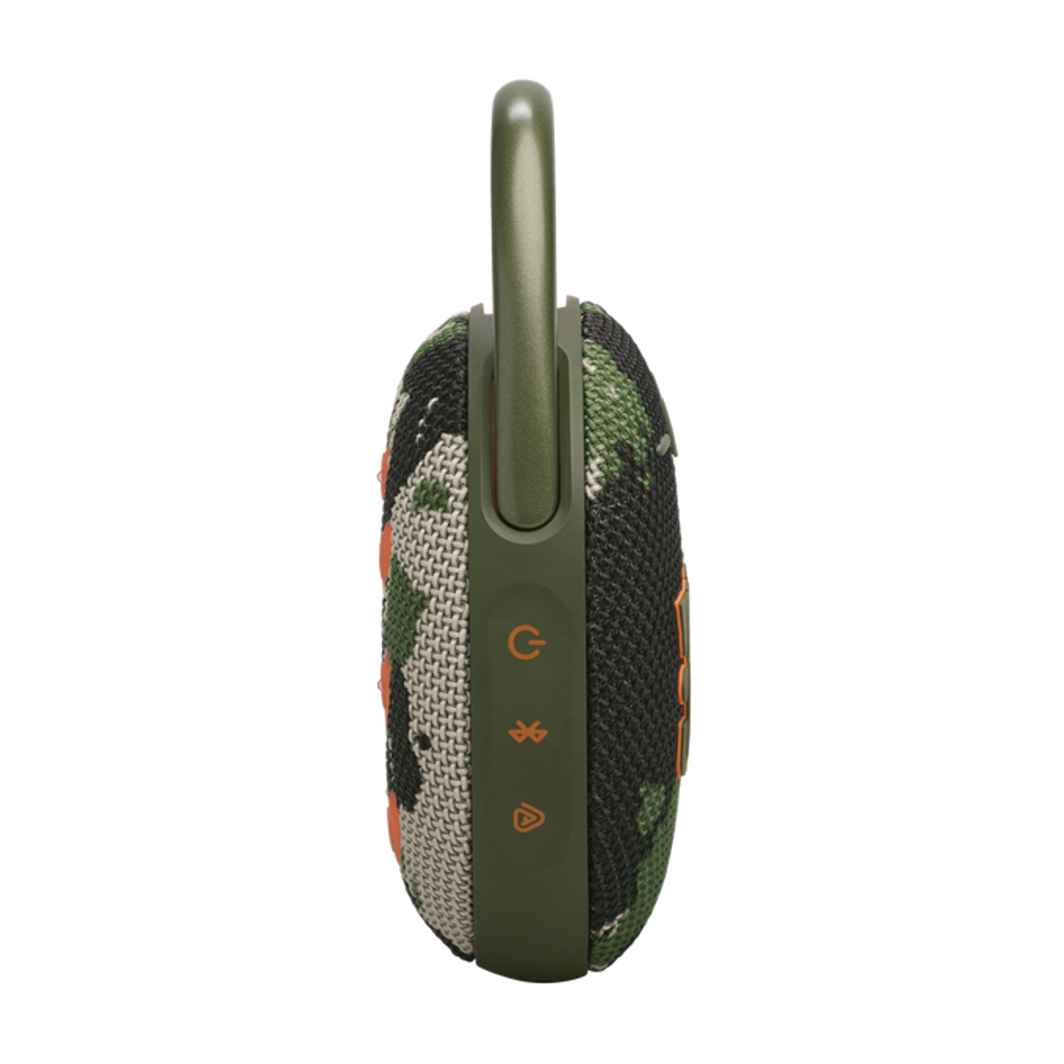 Enceinte camouflage avec poignée et boutons. Vue latérale, fond noir.