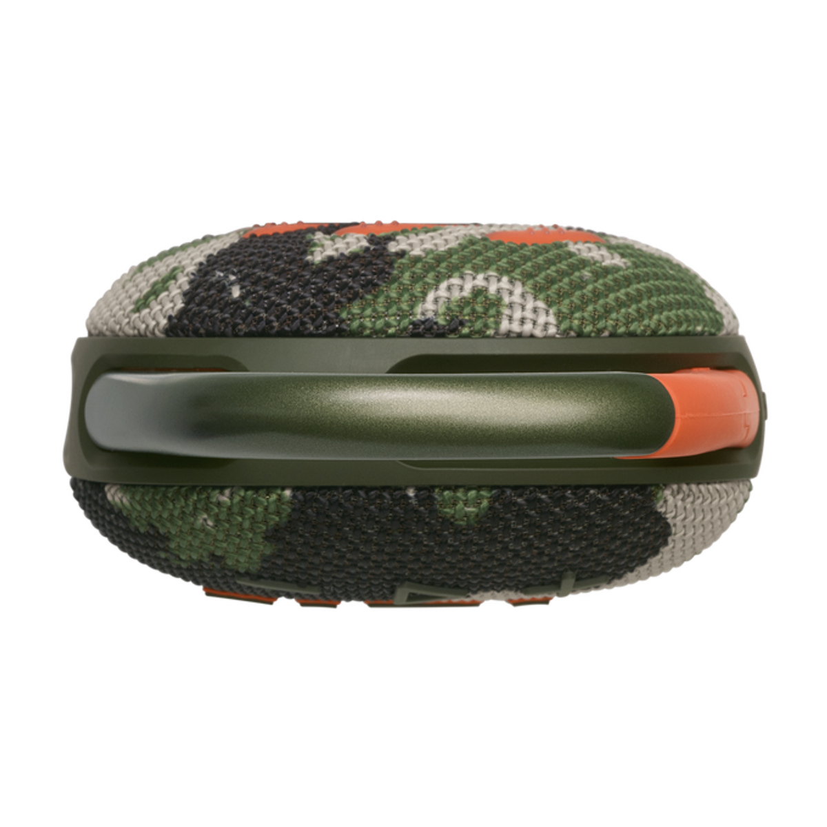 Enceinte JBL Go 3. Motif camouflage avec une sangle verte et des accents orange.