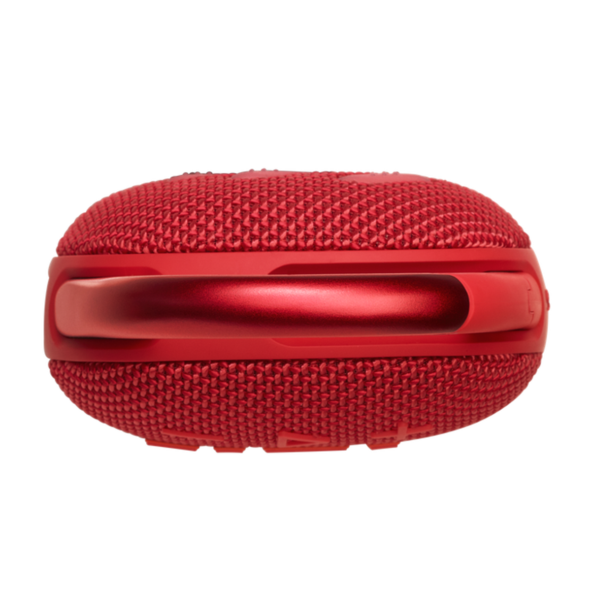 Altoparlante JBL Clip rosso. Forma ovale, maniglia rossa e corpo dell'altoparlante rivestito in tessuto. Sfondo nero.