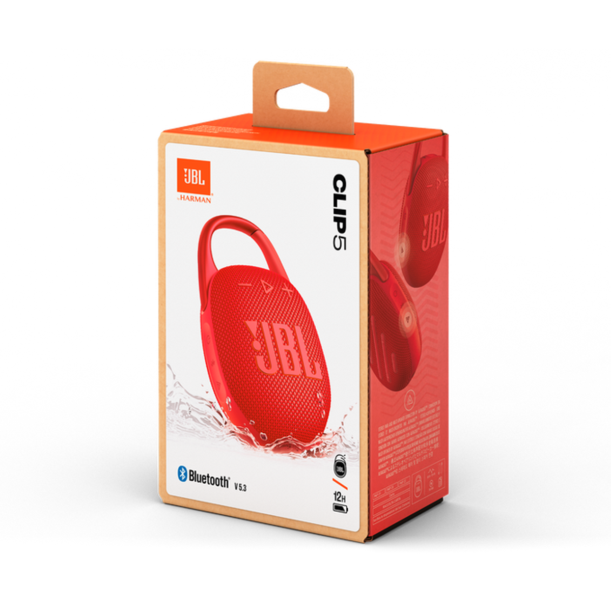 Altoparlante JBL Clip 5 in confezione rossa con altoparlante rosso e logo Bluetooth.