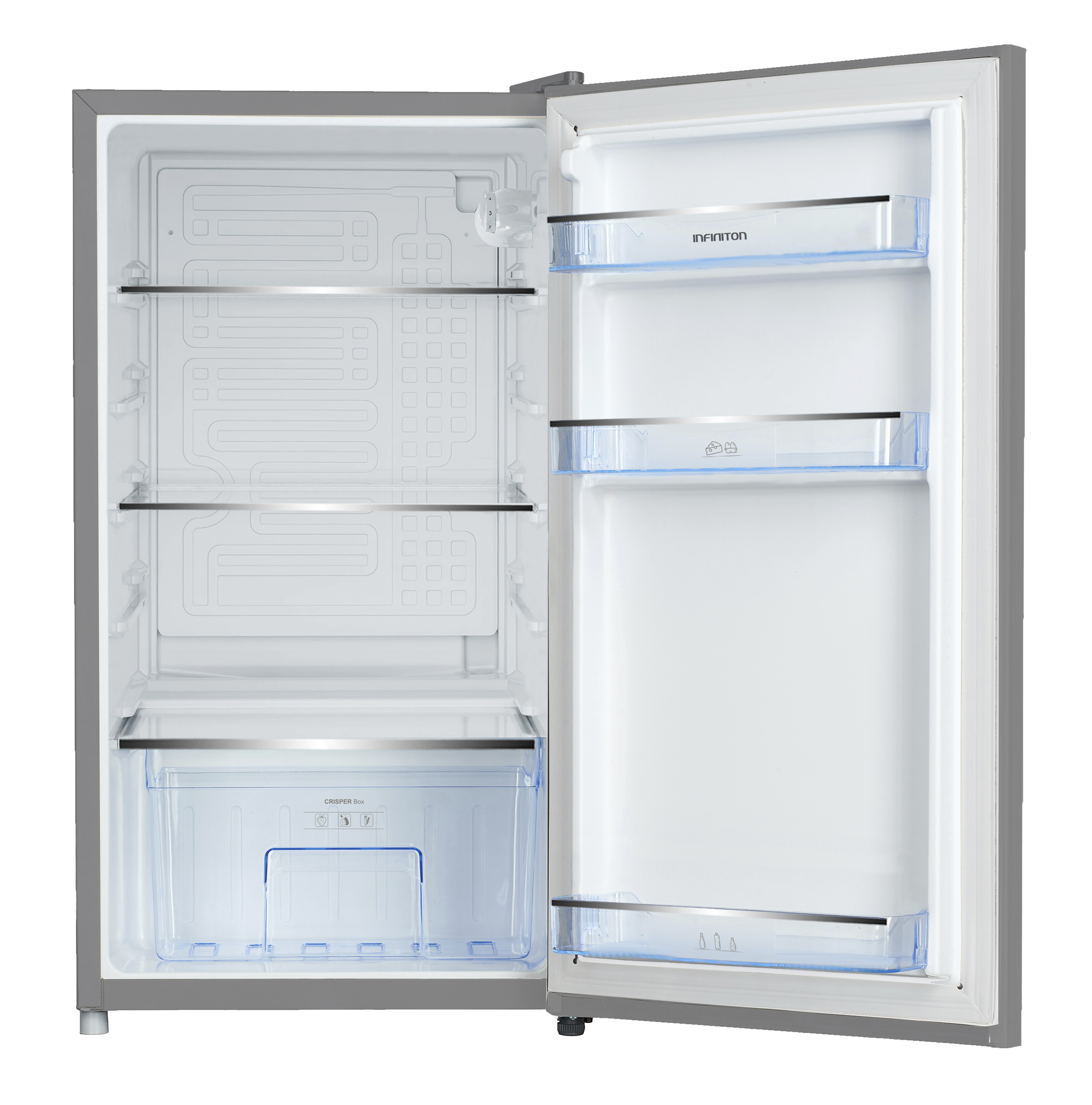 Refrigerador abierto con estantes, cajones y almacenamiento. El interior es blanco.