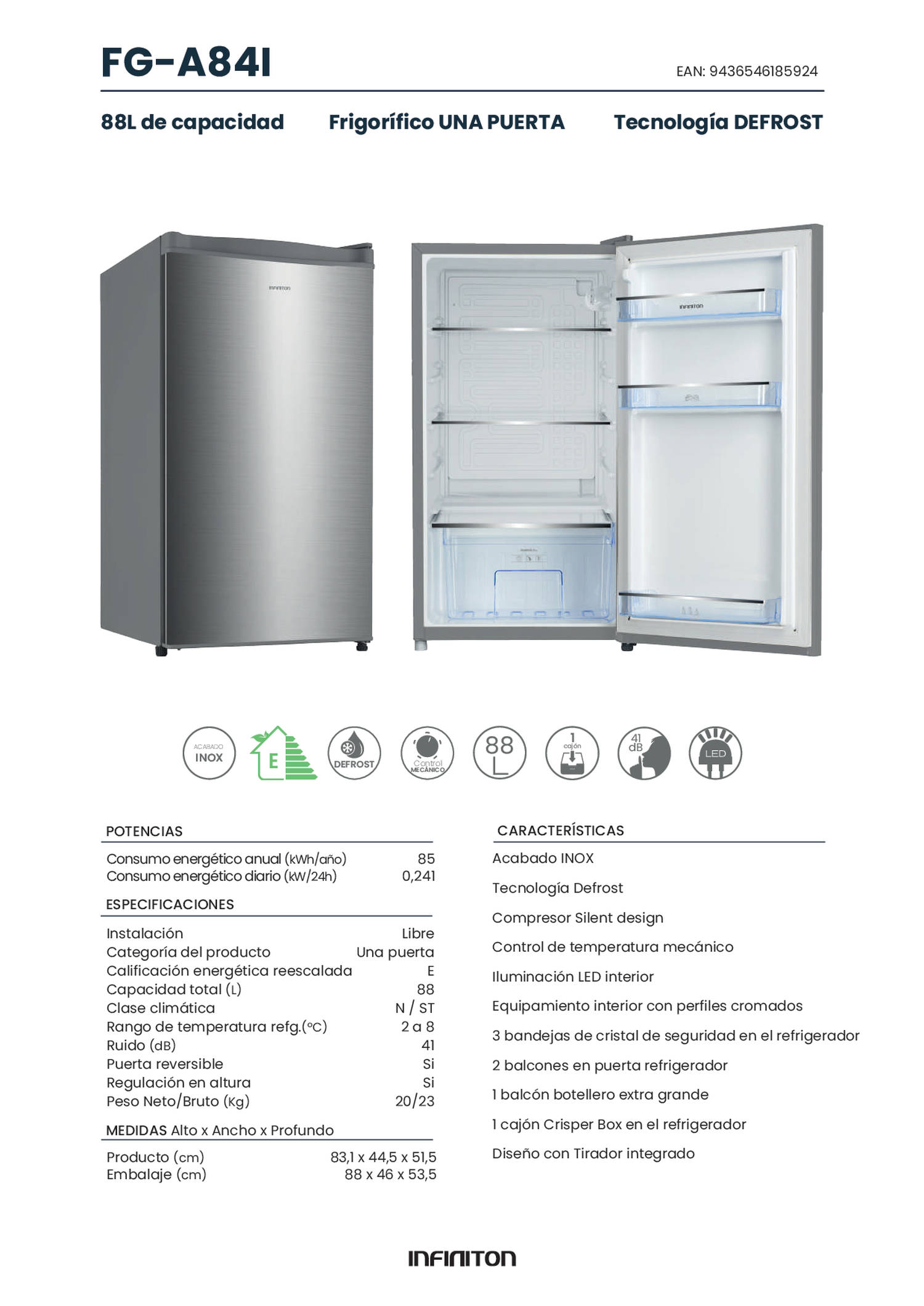 Refrigerador con puerta abierta mostrando el interior, exterior plateado y una etiqueta del producto.