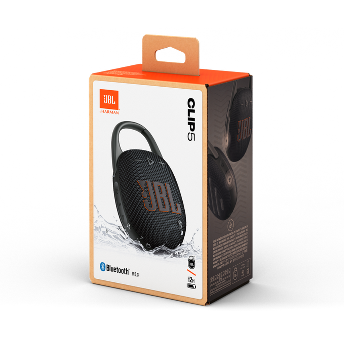 Altavoz JBL Clip 5 en su caja, con el altavoz y el logotipo visibles.