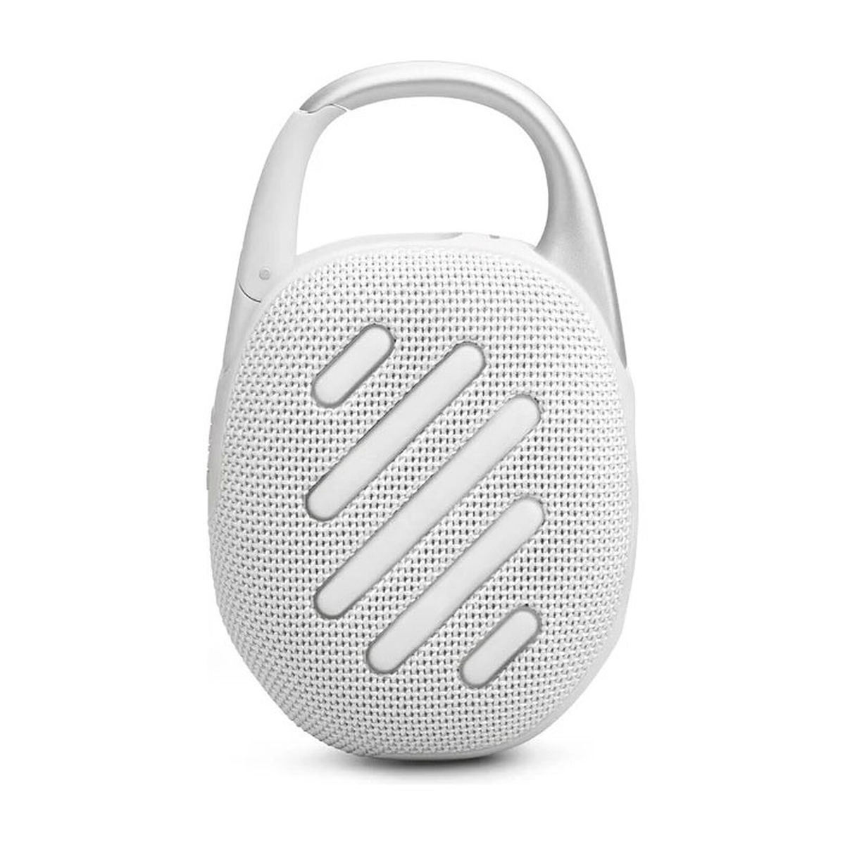 Altoparlante bianco ovale con manico. Presenta tre strisce bianche e un design a rete.