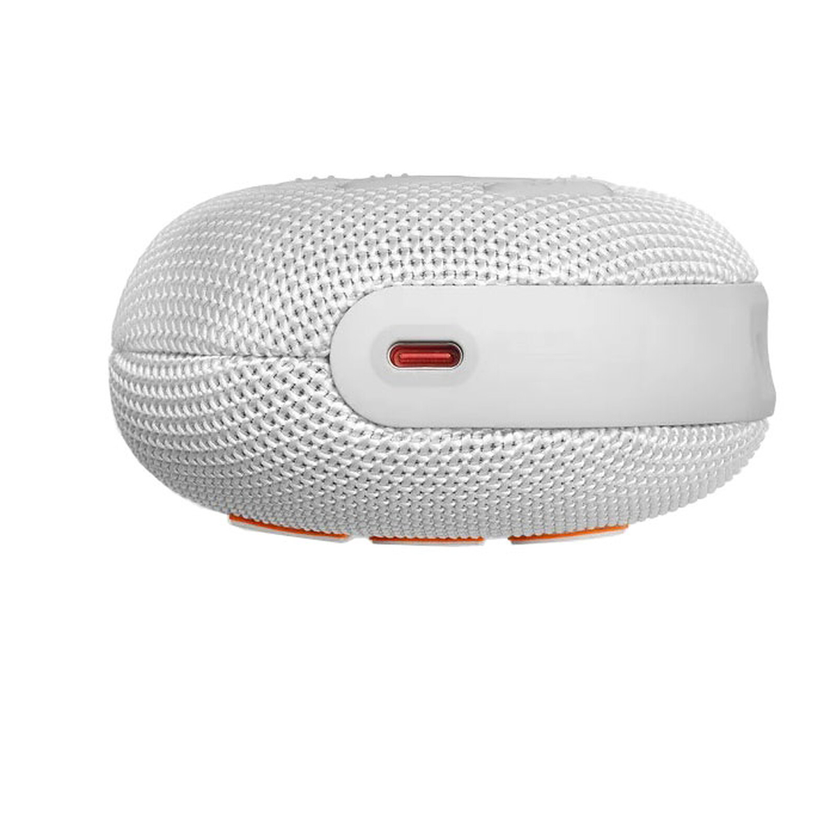 Altoparlante portatile bianco e grigio con porta.