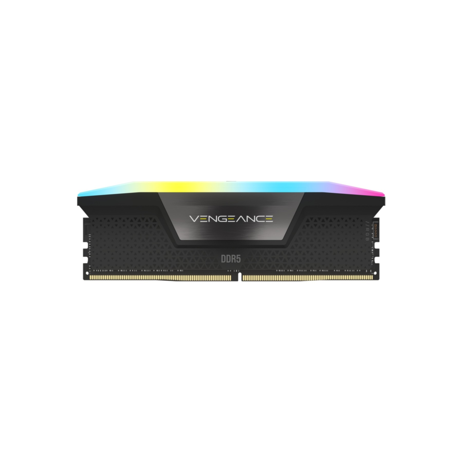 Pamięć RAM RGB z tekstem VENGEANCE i DDR5 na białym tle.