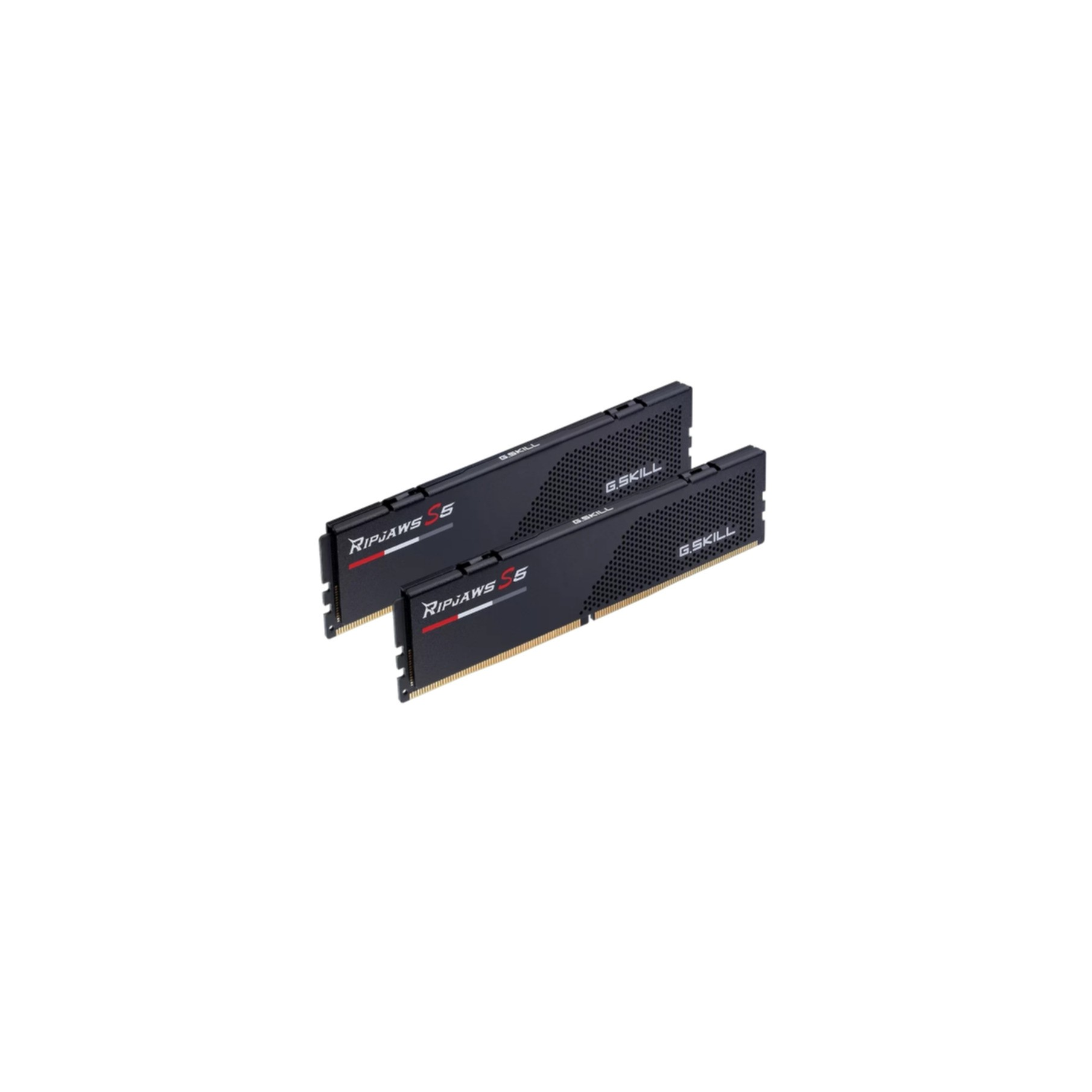 Zwei schwarze G.SKILL Ripjaws 5 RAM-Riegel auf weißem Hintergrund. Die Riegel haben rote Akzente.