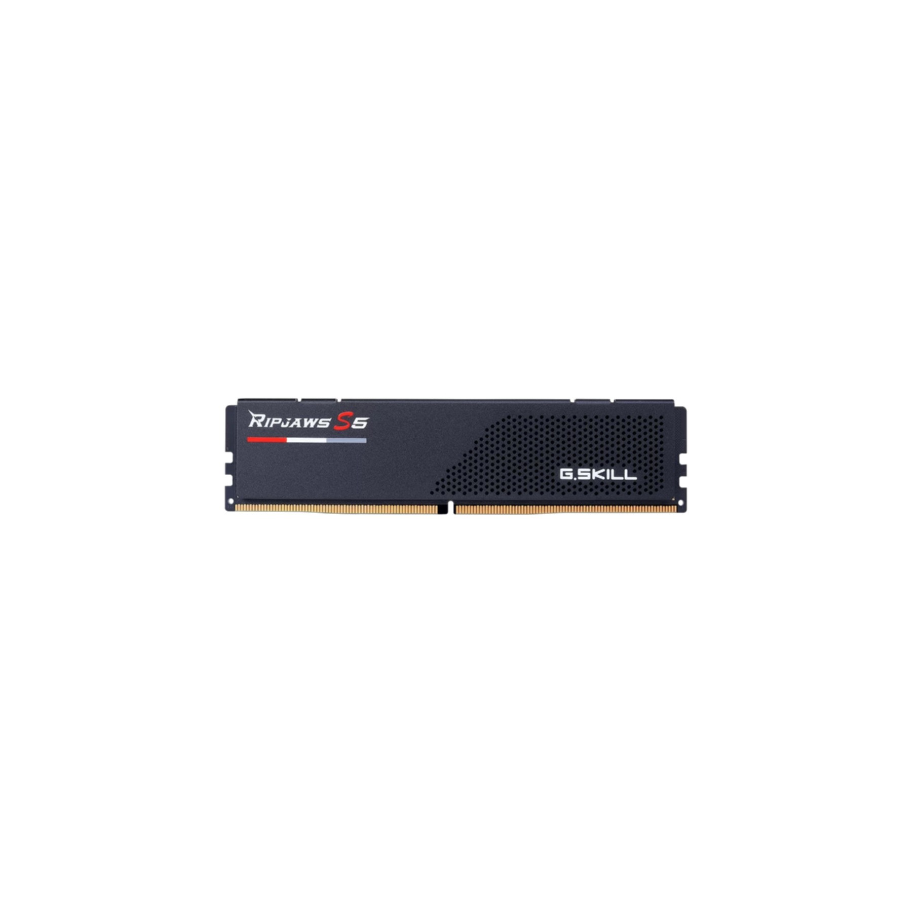 Einzelner G.Skill Ripjaws S5 RAM-Riegel. Schwarzes und silbernes Design, isoliert auf weißem Hintergrund.