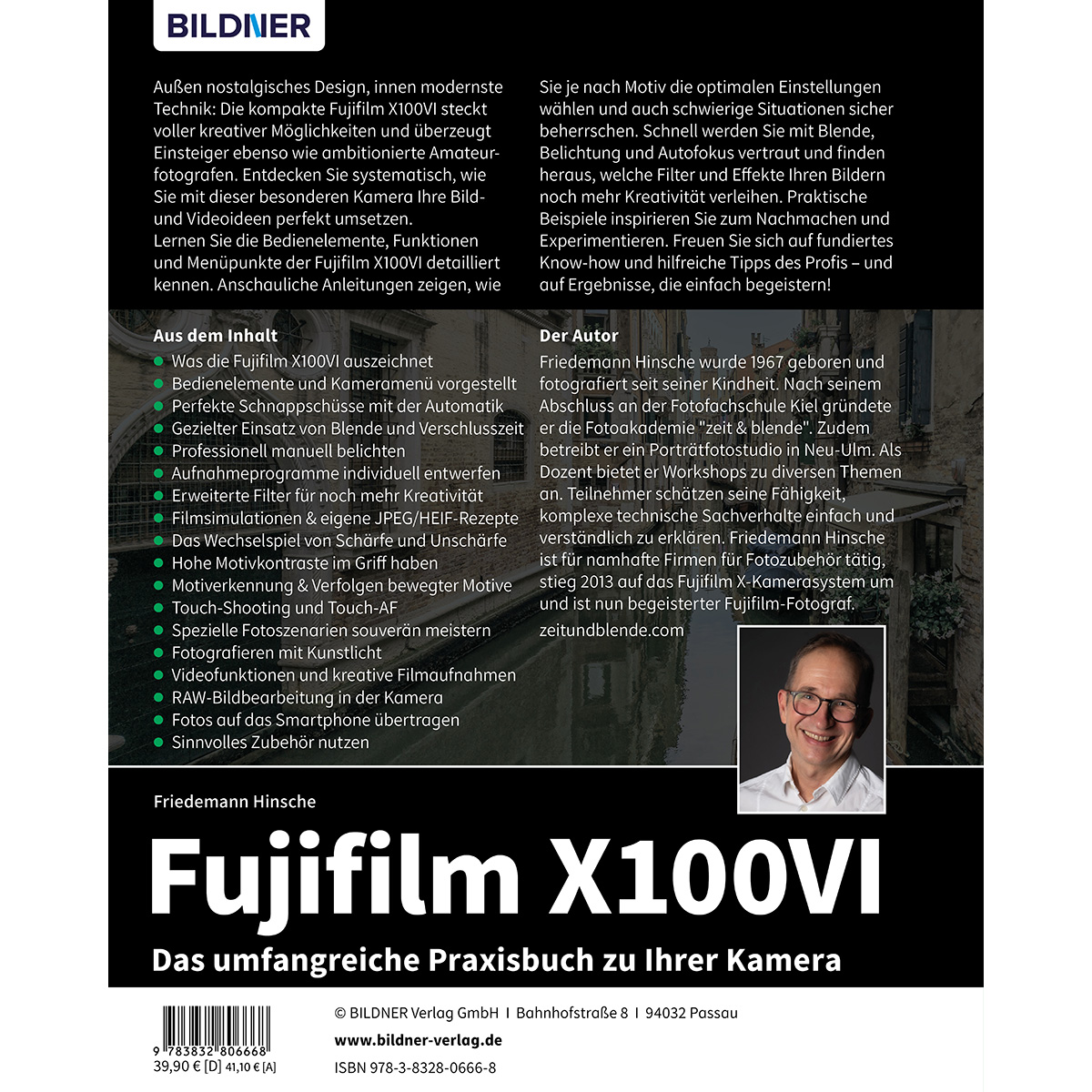 Buchcover mit Text über die Fujifilm X100VI Kamera. Das Cover hat ein Foto der Kamera und des Autors.
