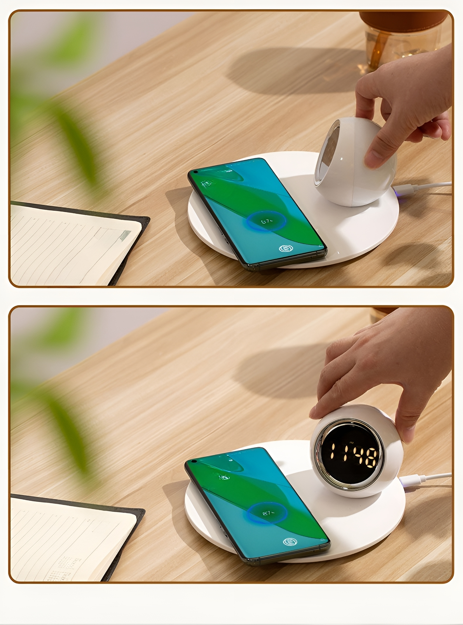 Zwei Fotos zeigen ein Telefon und ein weißes Ladepad mit Uhr. Das Telefon zeigt 67% Ladung.