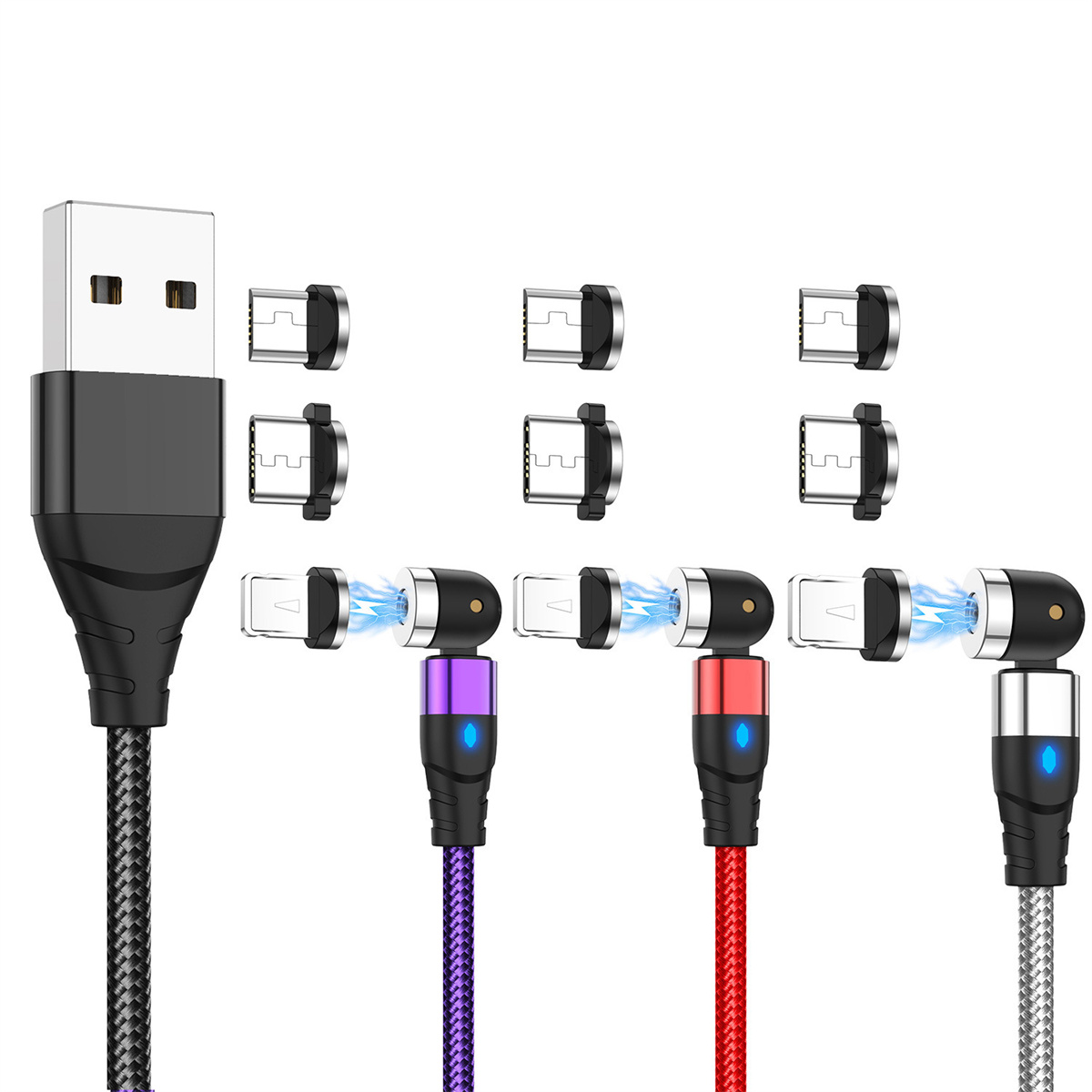 Mehrere magnetische Ladekabel mit verschiedenen Anschlüssen und Farben.
