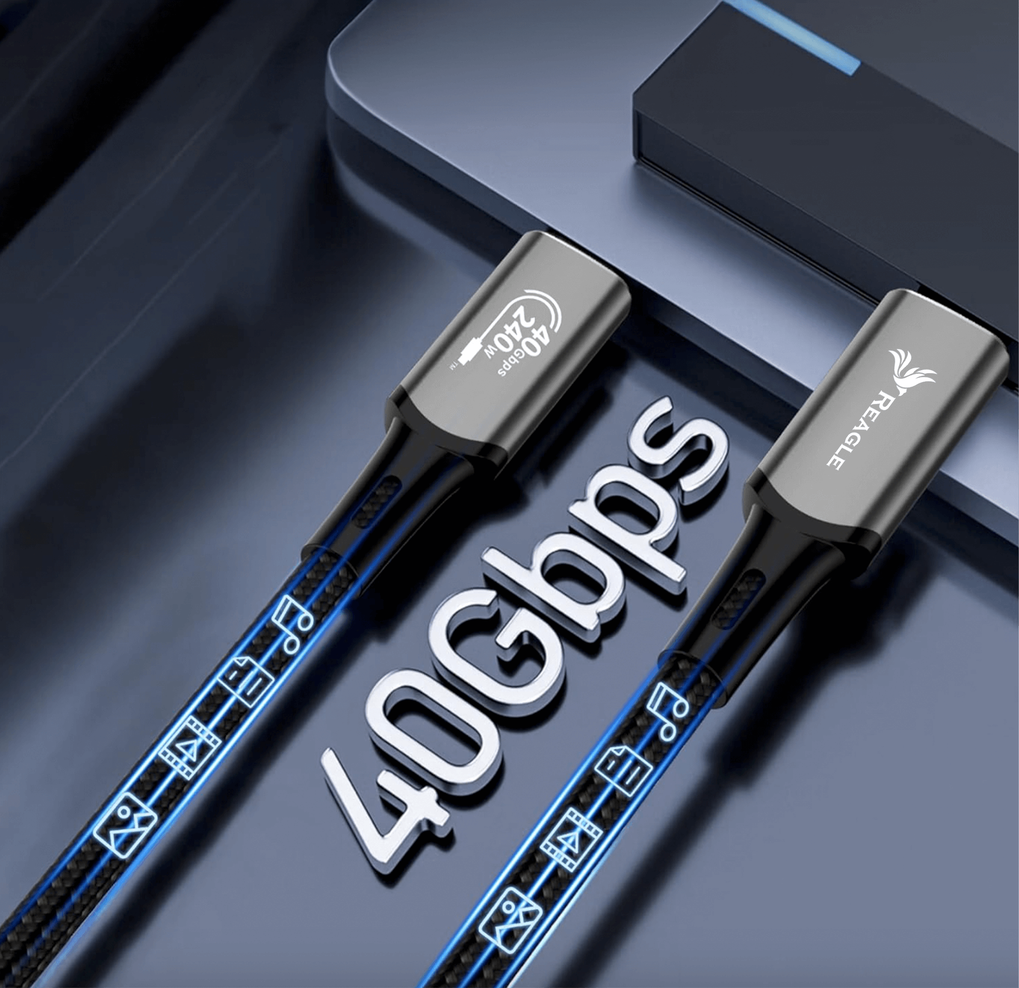 Dwa czarne i srebrne kable USB-C z tekstem '40Gbps'. Jeden ma logo i szczegóły.